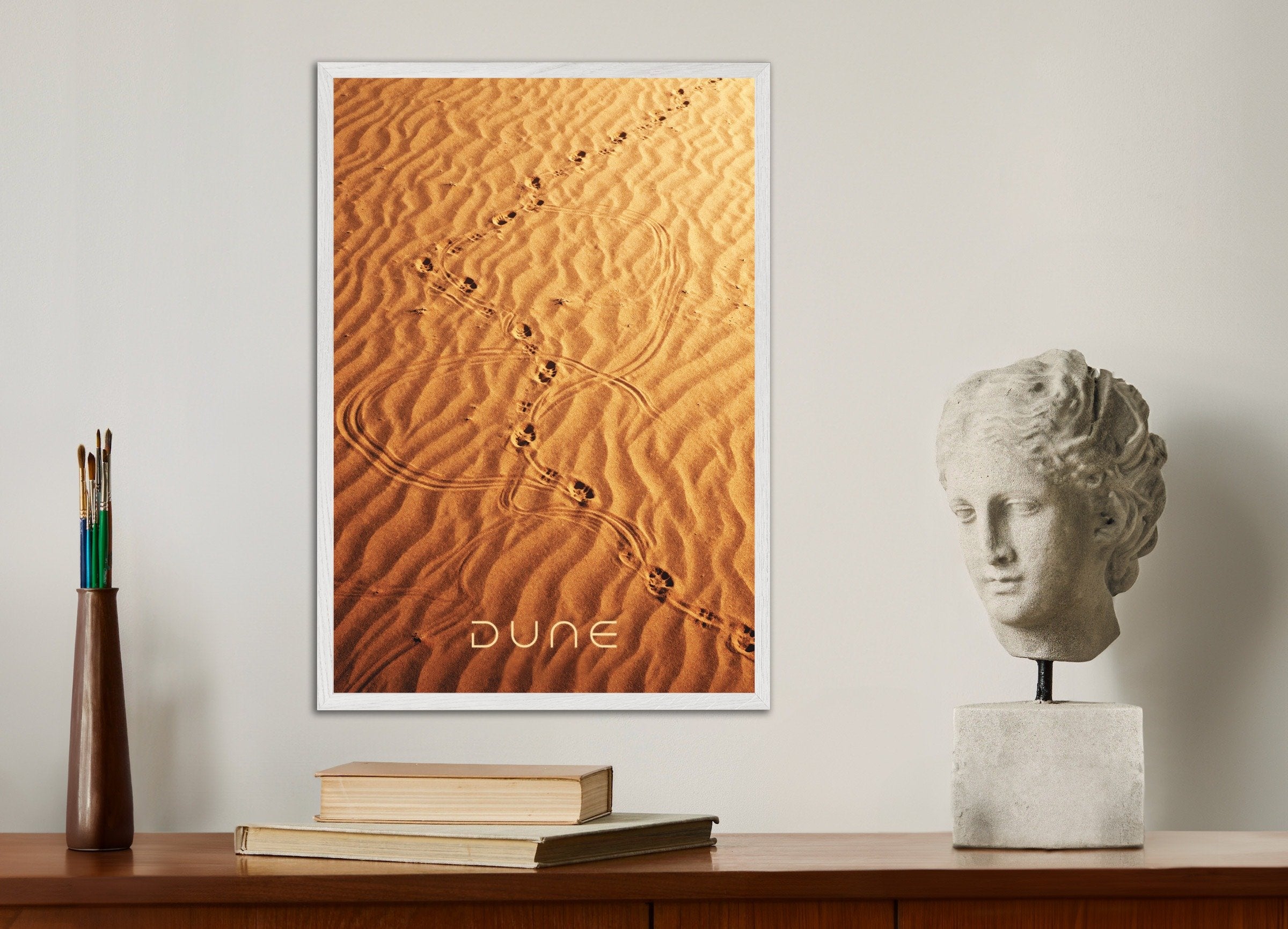 Poster of Dune Sandwalk, Desert footsteps poster, with white wooden frame