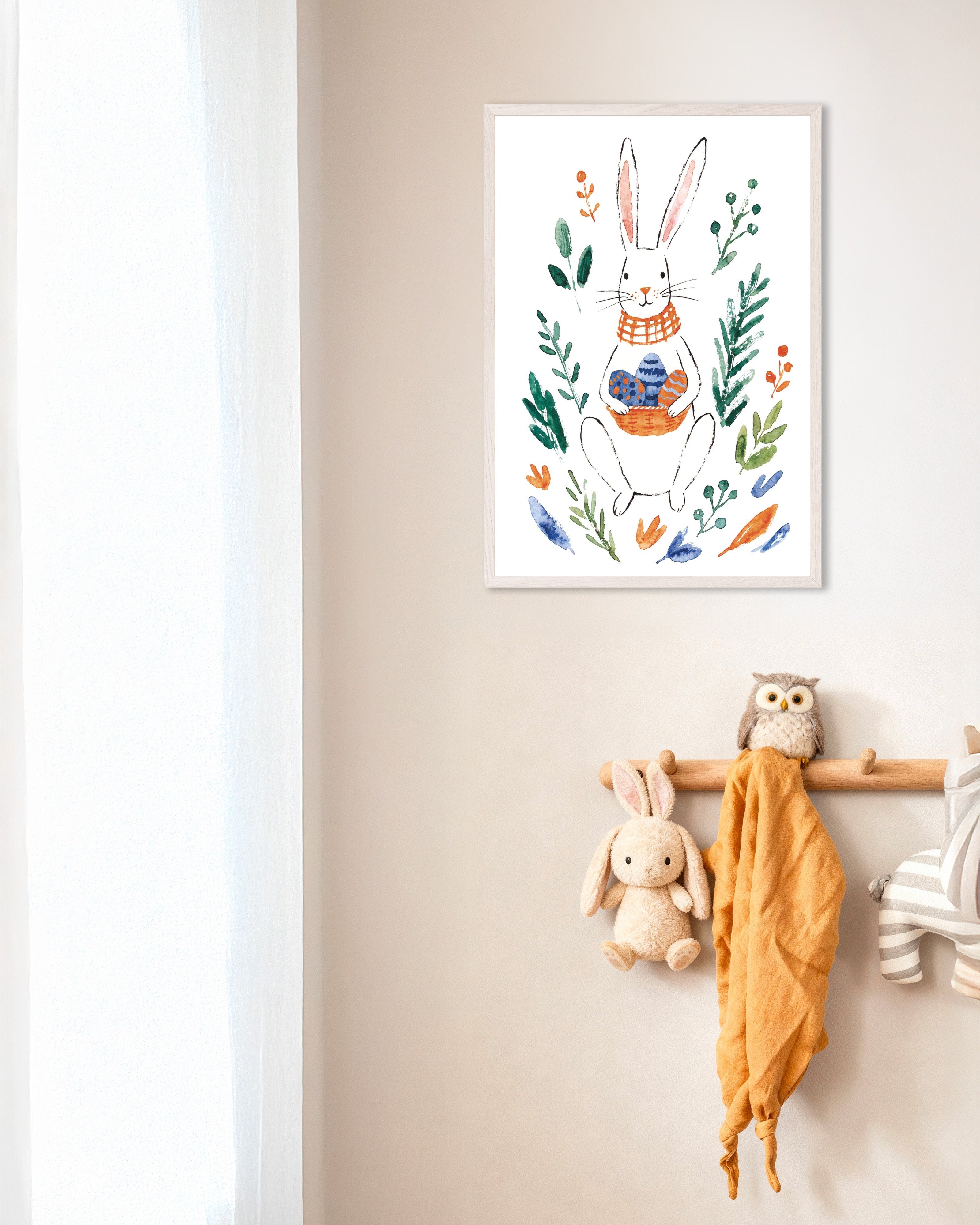 Poster of Easter Bunny with Eggs, Watercolor Poster, with white wooden frame