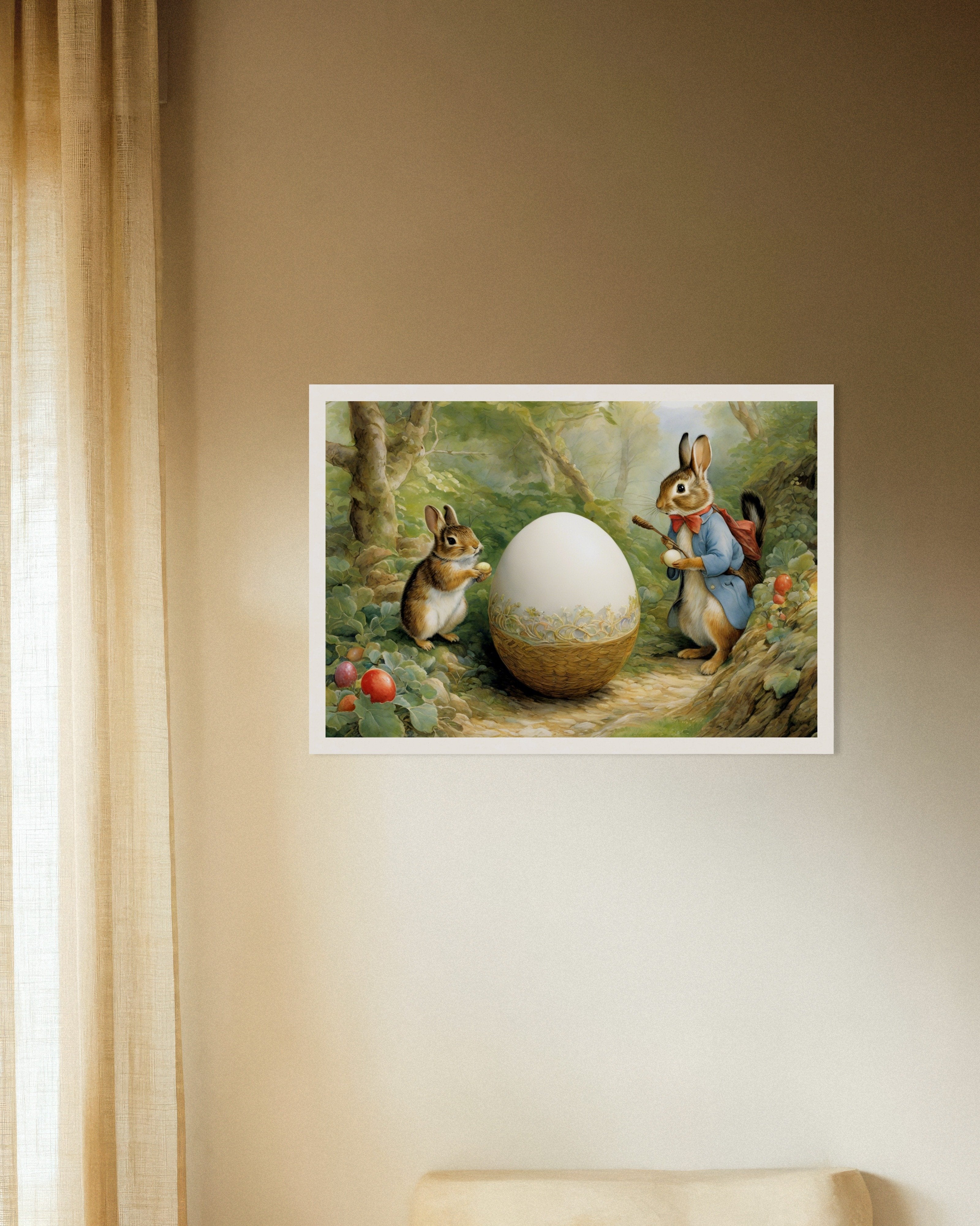Poster of Easter poster, charming tales, delicate British watercolors, Rabbits and Egg