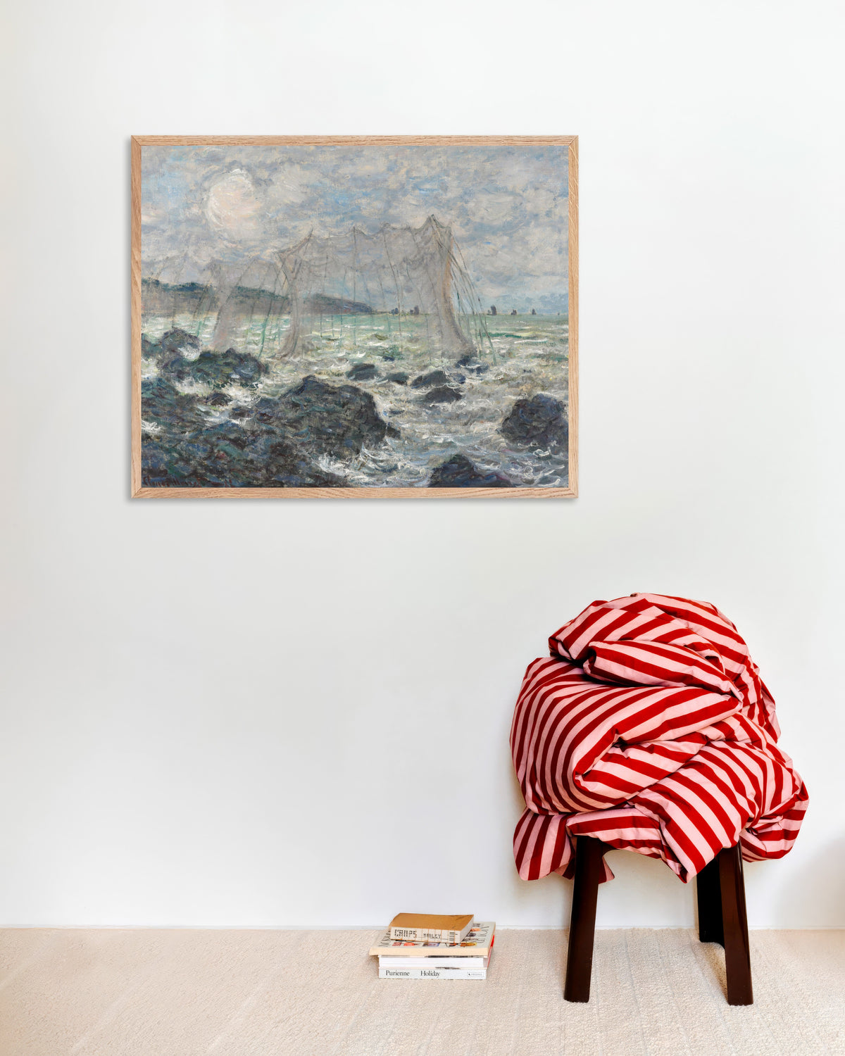 Affiche Filets de pêche à Pourville (1882) de Claude Monet, avec un cadre en bois naturel