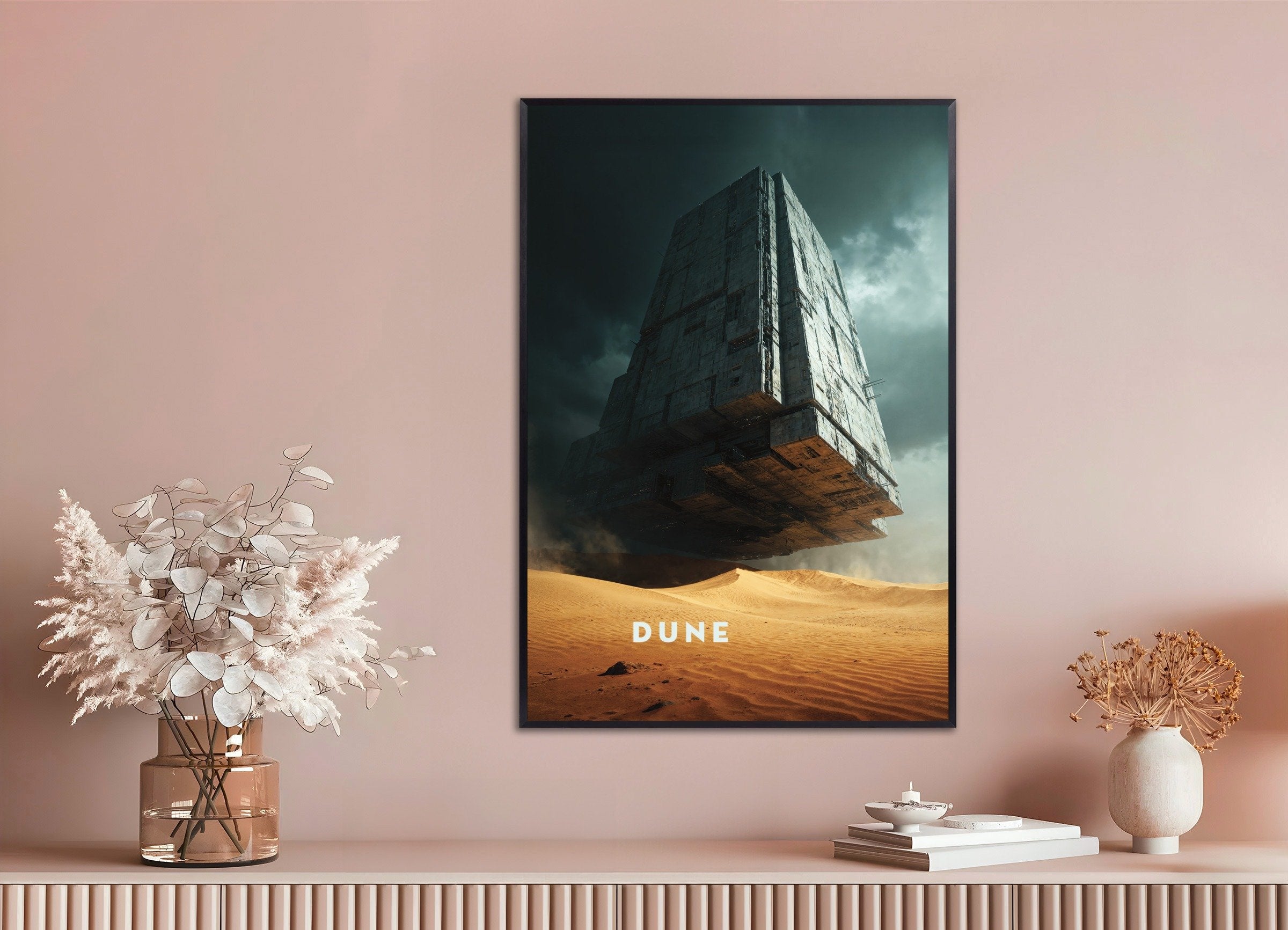 Poster of Floating Megastructure Poster, Dune, Sci-Fi Desert Art Print, with metal frame