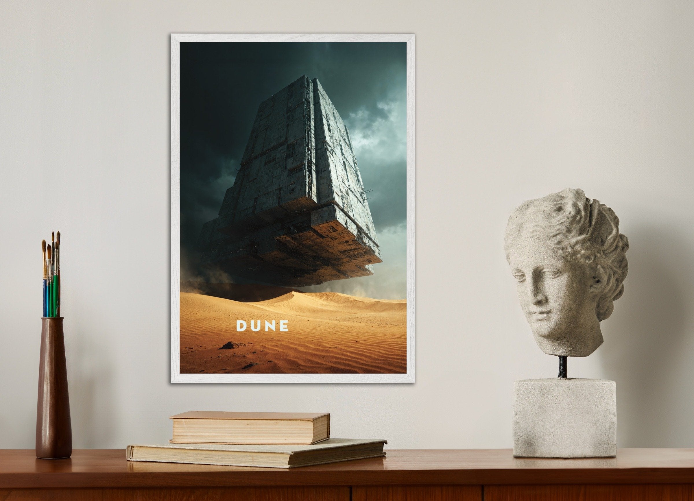 Poster of Floating Megastructure Poster, Dune, Sci-Fi Desert Art Print, with white wooden frame