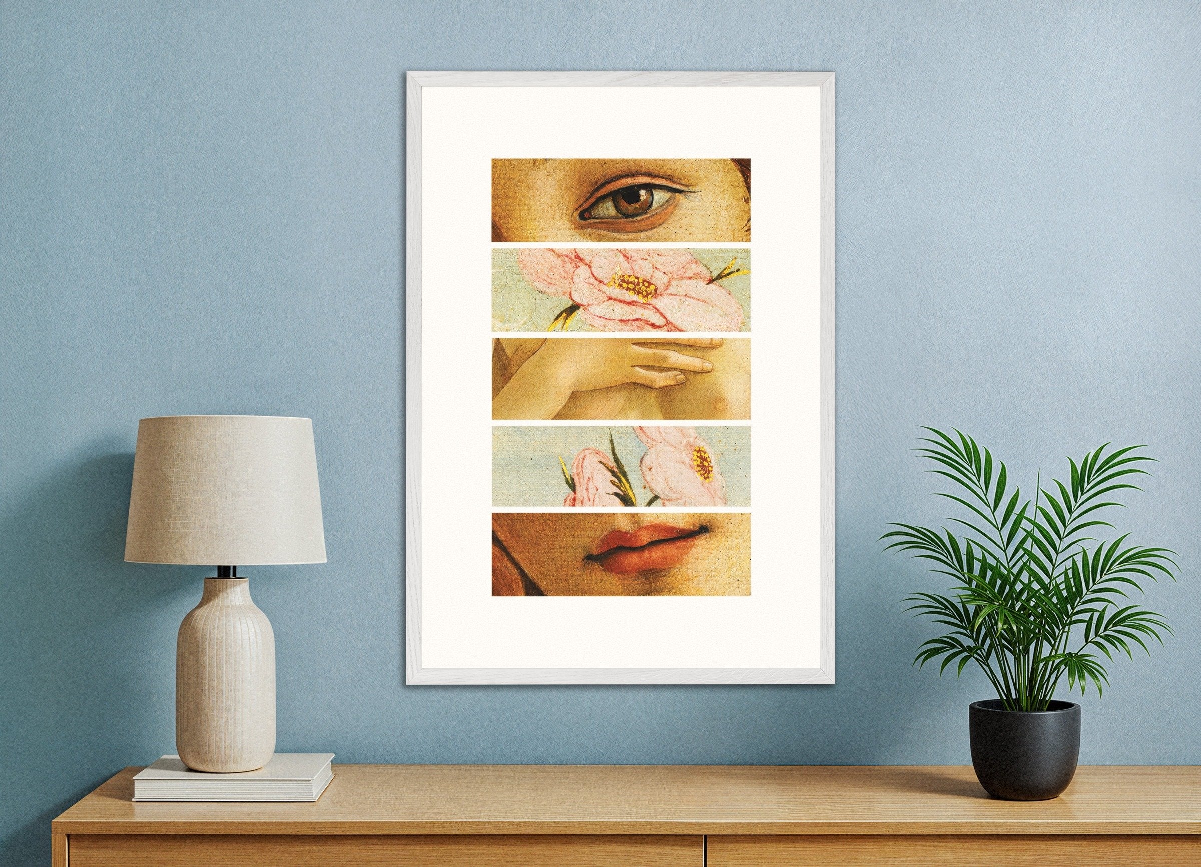 Poster of Fragments of Botticelli’s Venus art print, with white wooden frame