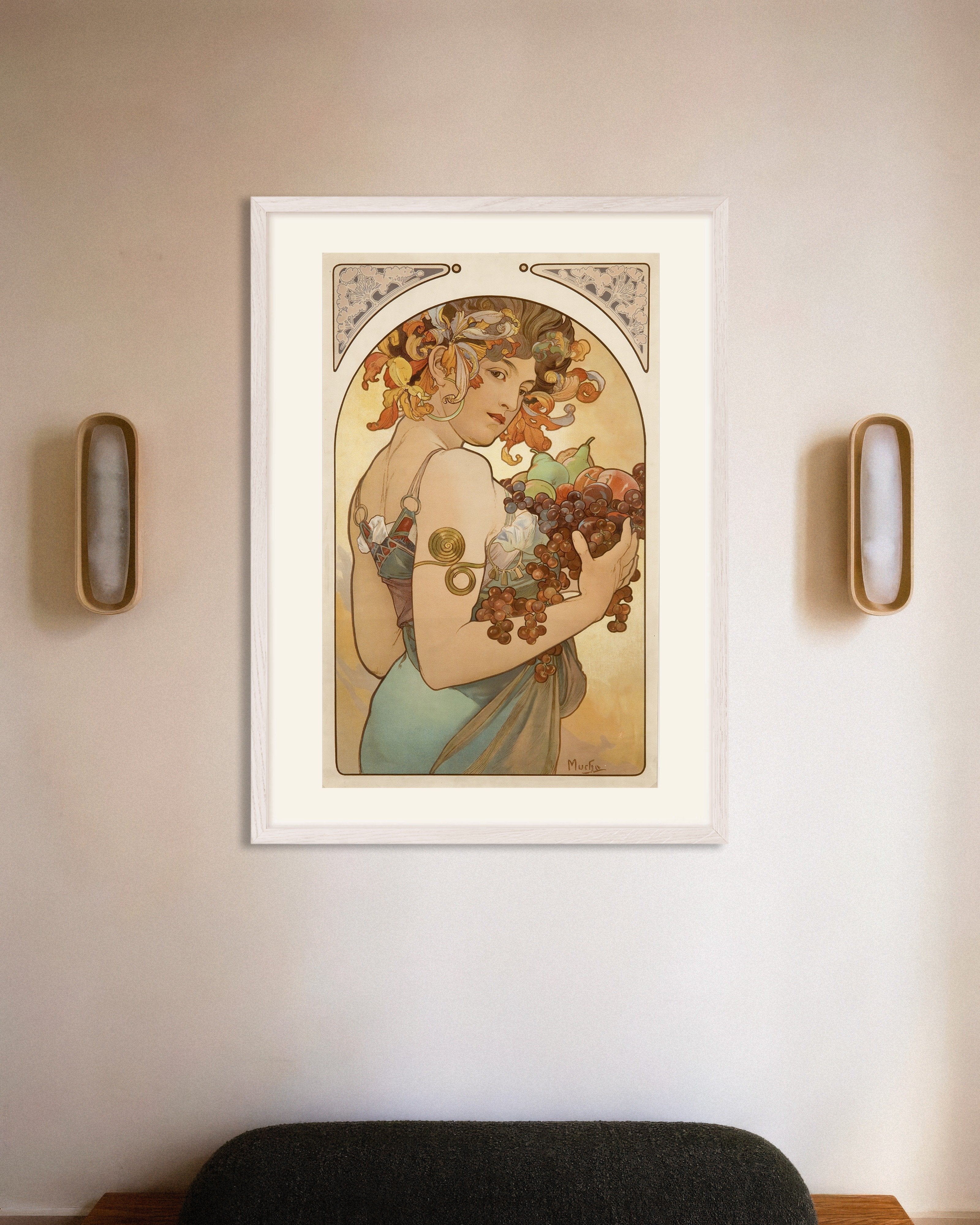 Poster of Fruits by Alfons Mucha - Print, with white wooden frame