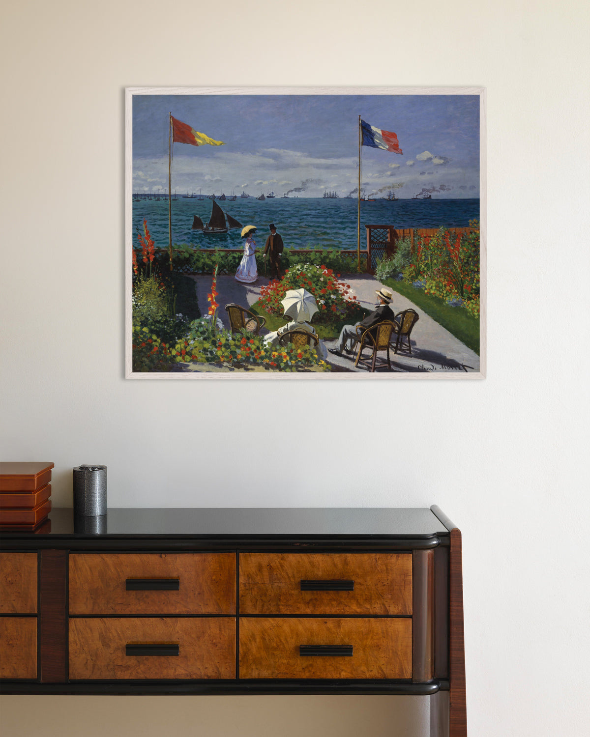 Poster Garten in Sainte-Adresse (1867) von Claude Monet mit weißem Holzrahmen