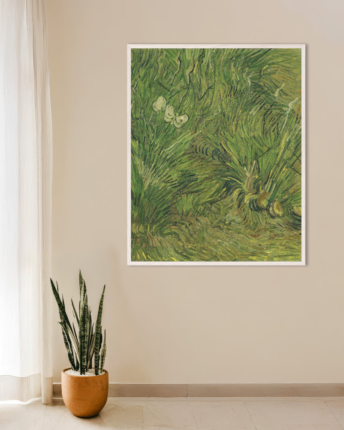 Poster de Jardin avec des papillons (1889) de Vincent van Gogh, avec un cadre en bois blanc