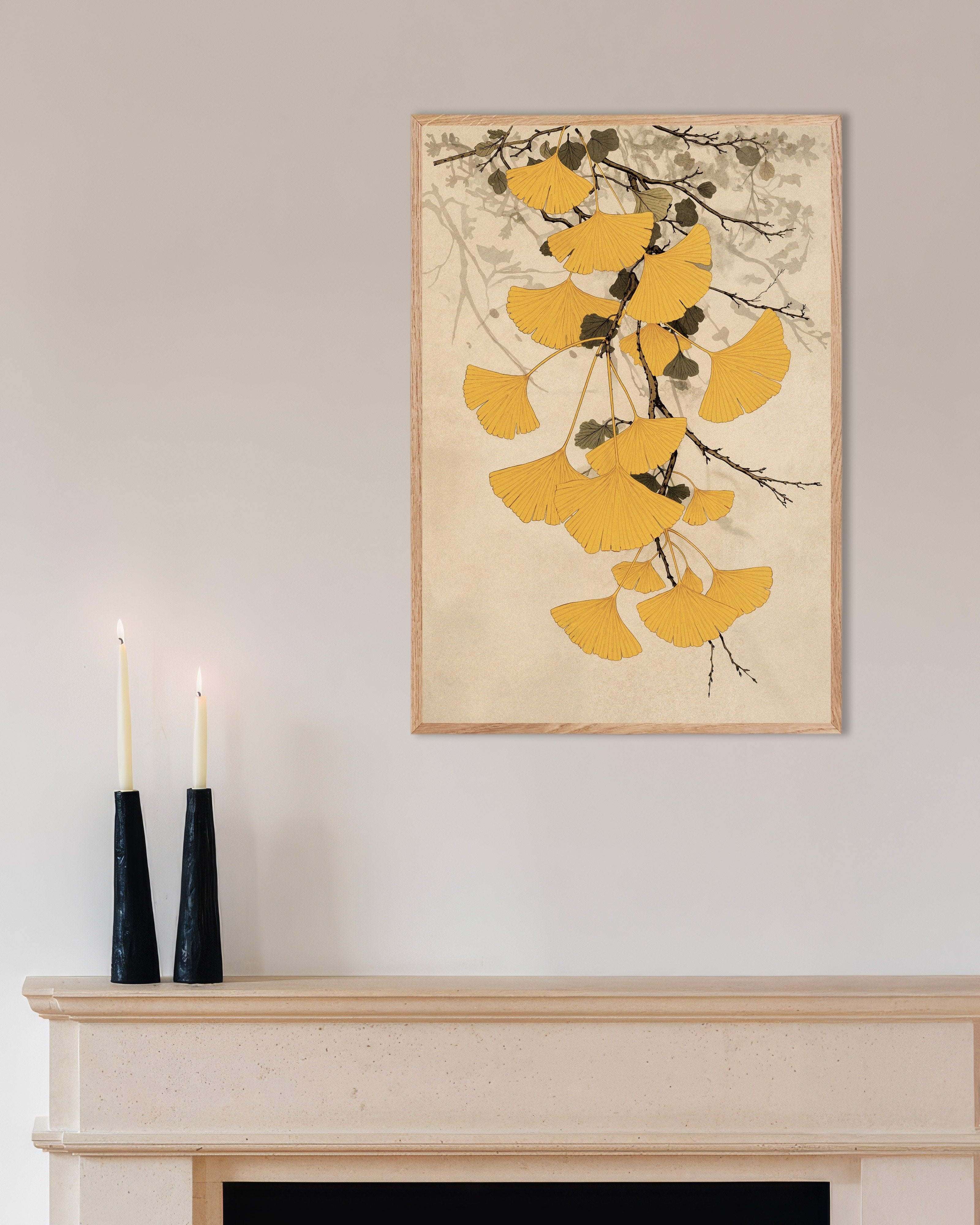 Poster of Ginkgo Biloba Branch Japanese Botanical Poster, with natural wooden frame
