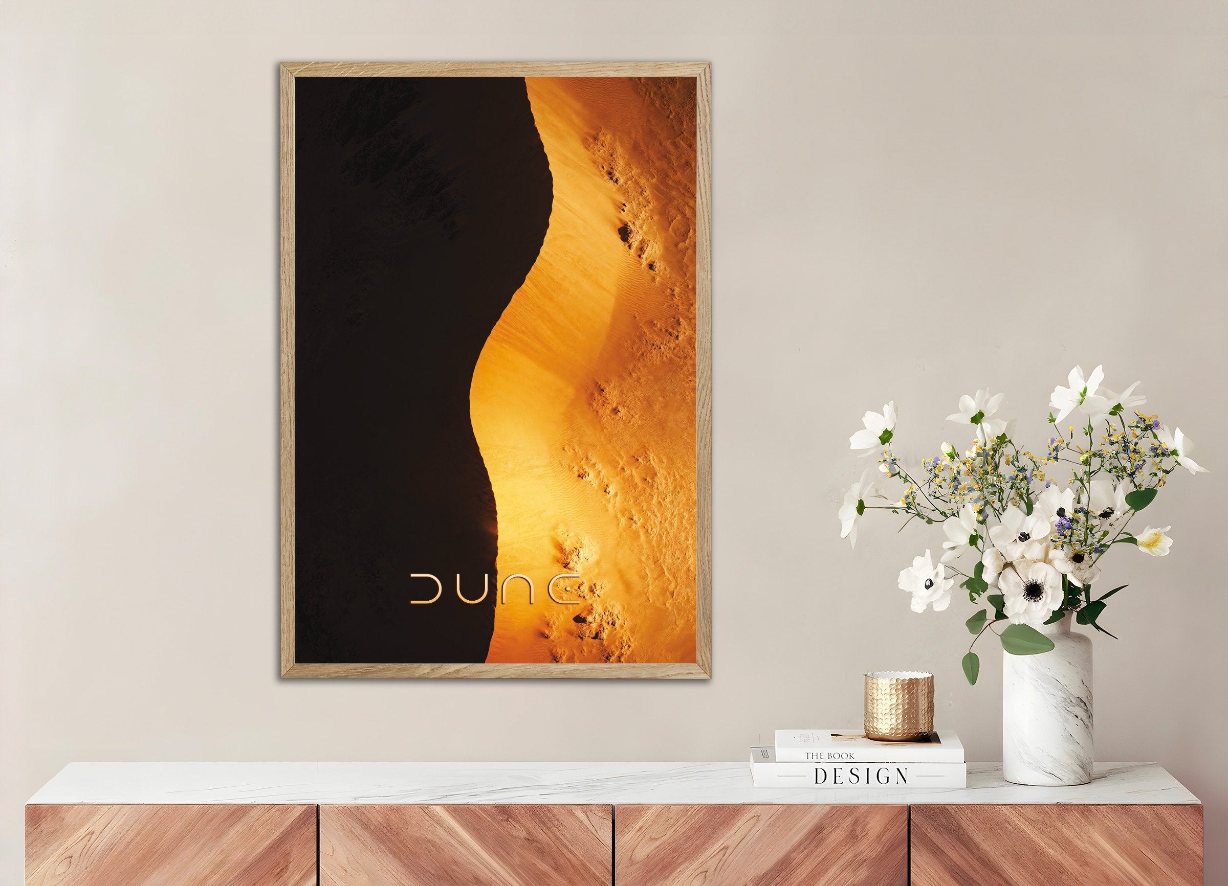 Poster of Golden Dune Curve Poster, Desert Shadow Art Print, with natural wooden frame