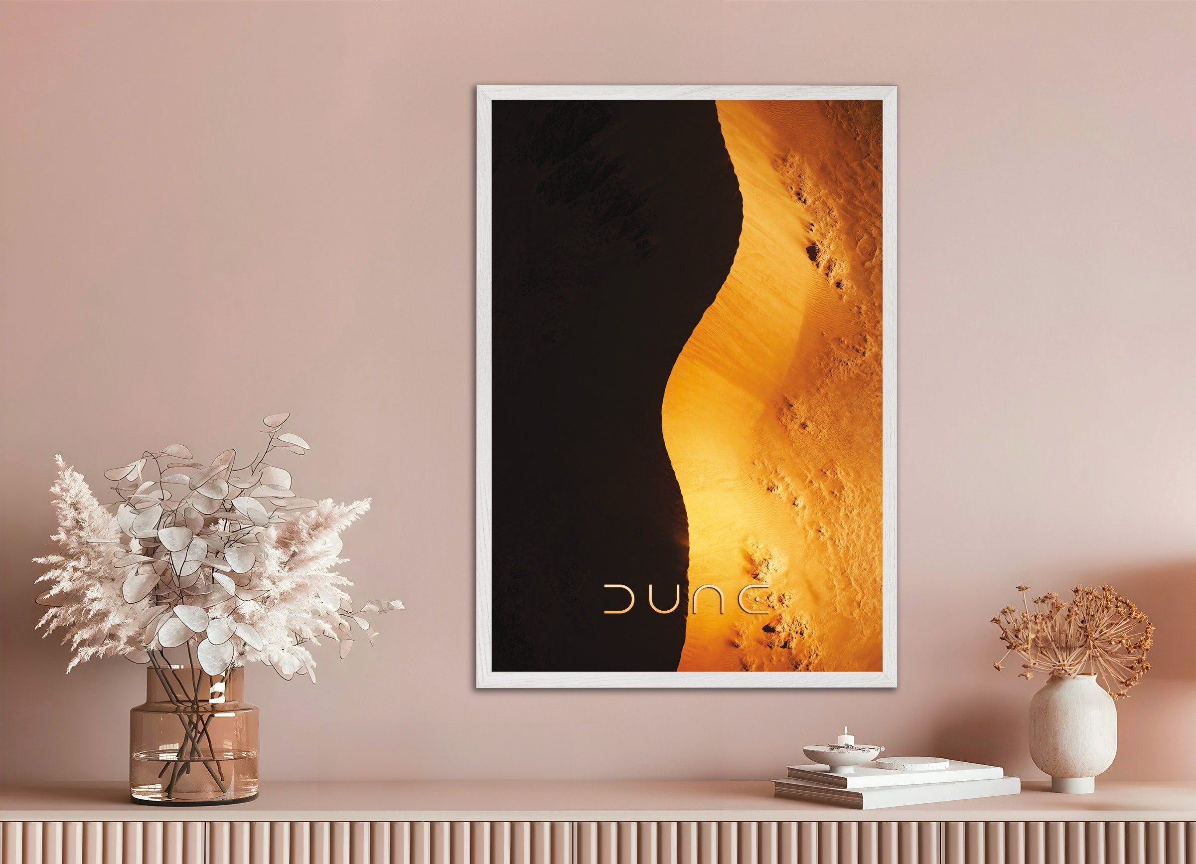 Poster of Golden Dune Curve Poster, Desert Shadow Art Print, with white wooden frame