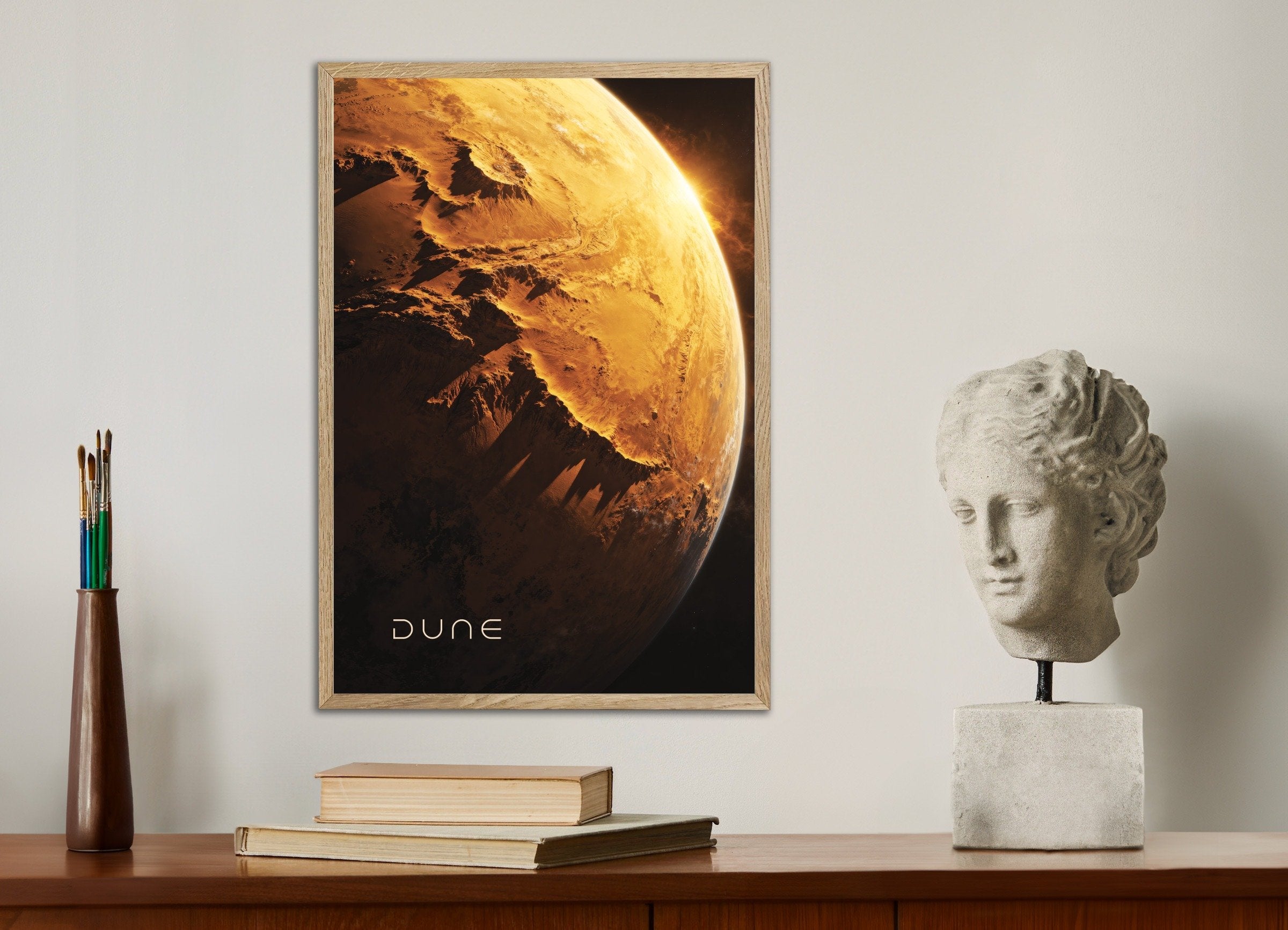 Poster of Golden Planet Poster, Sci-Fi Desert World Art Print, with natural wooden frame