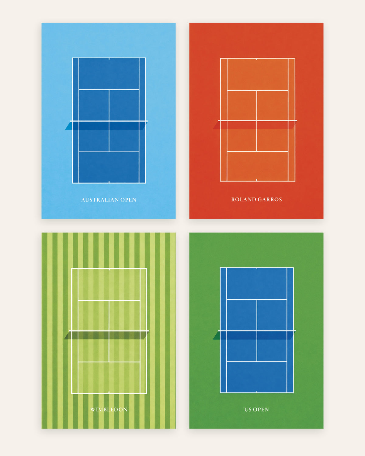 Poster tennis Grande Slam, set da 4: Australian Open, Roland Garros, Wimbledon e US Open, senza cornice