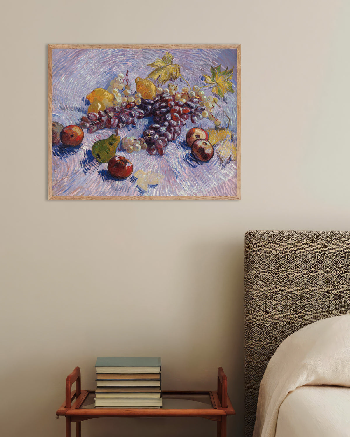 Poster di Uva, limoni, pere e mele (1887) di Vincent van Gogh, con cornice in legno naturale