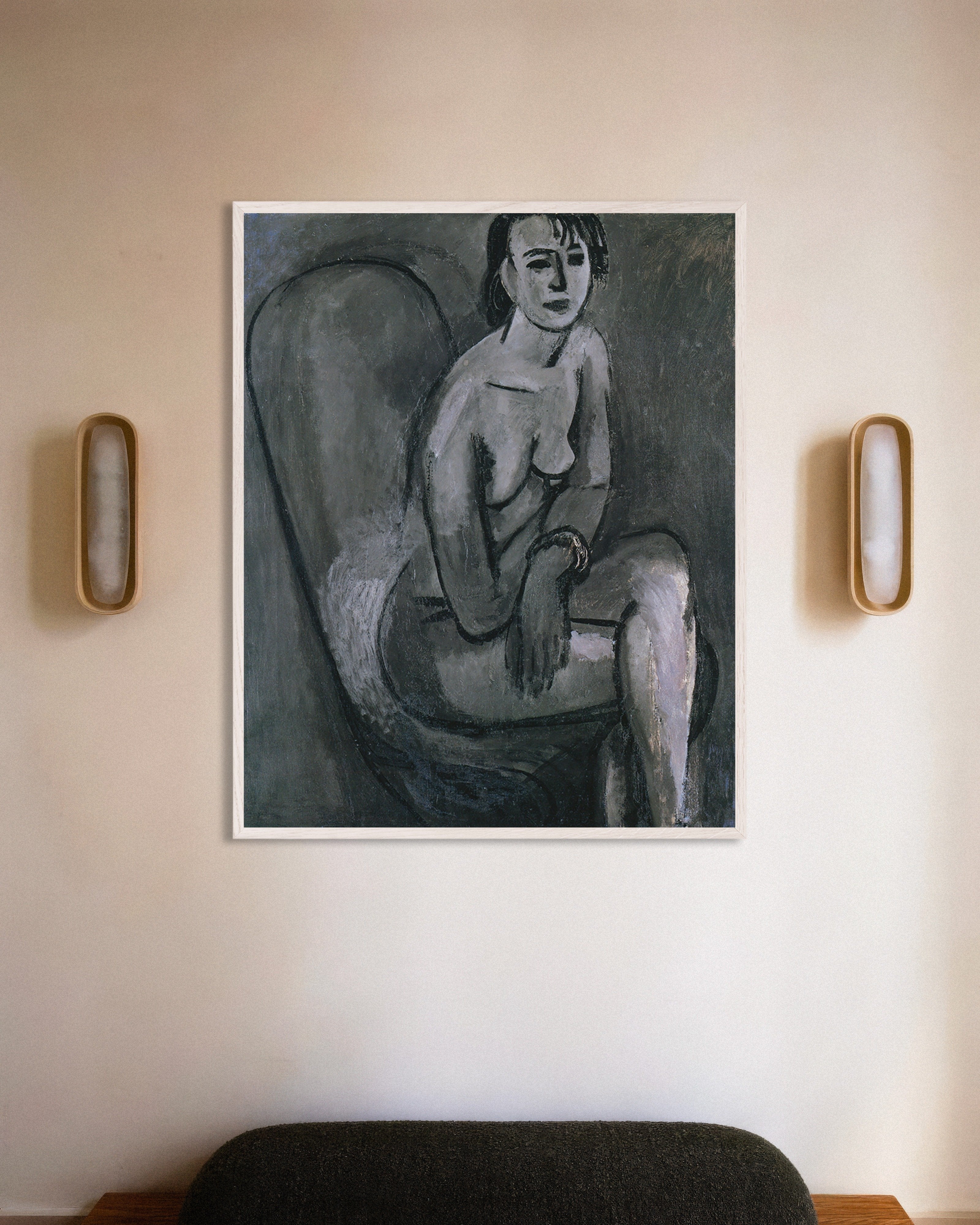 Poster of Grey nude with bracelet (1913) by Henri Matisse, with white wooden frame