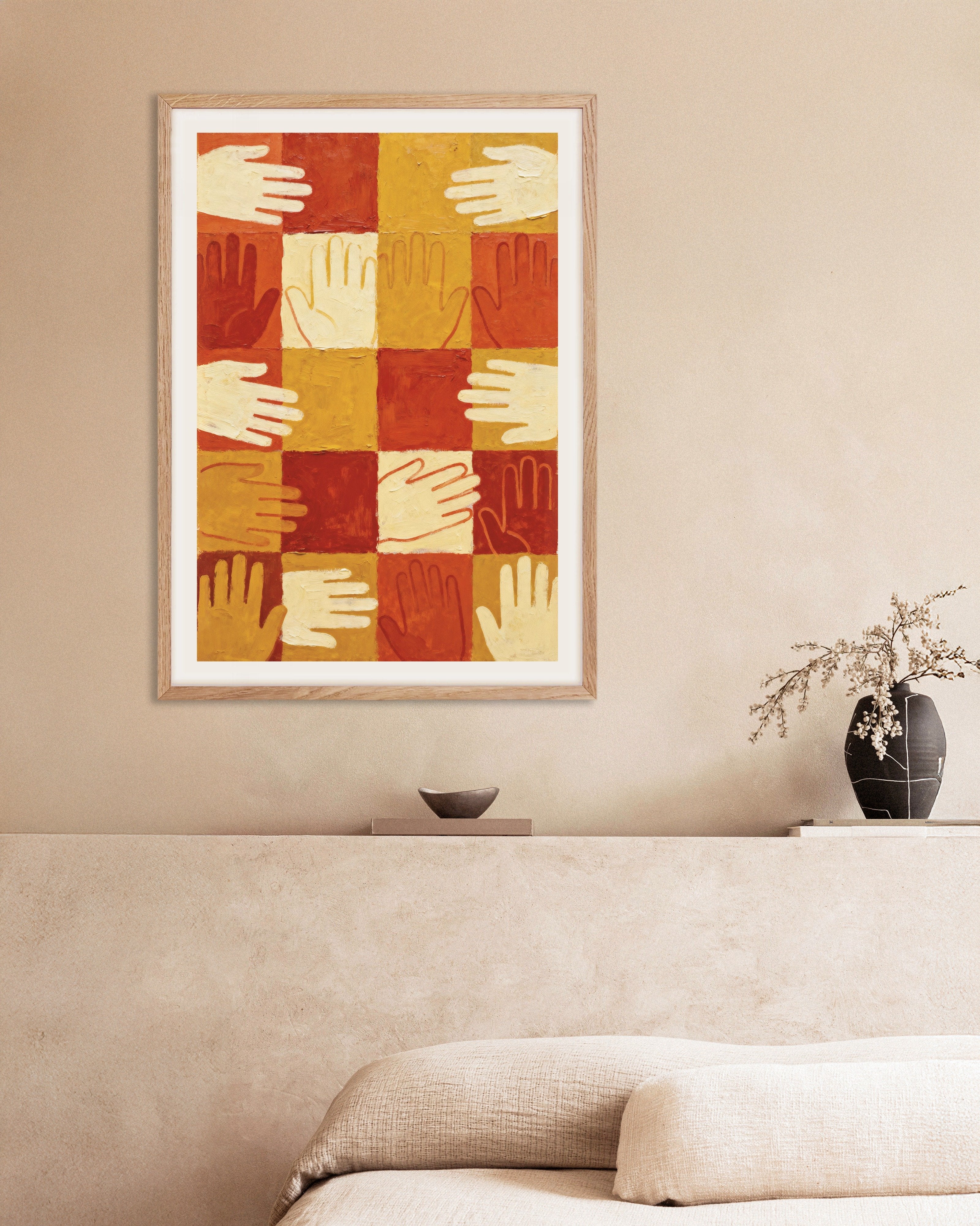 Poster of Hands poster - Fraternity and unity wall art, with natural wooden frame