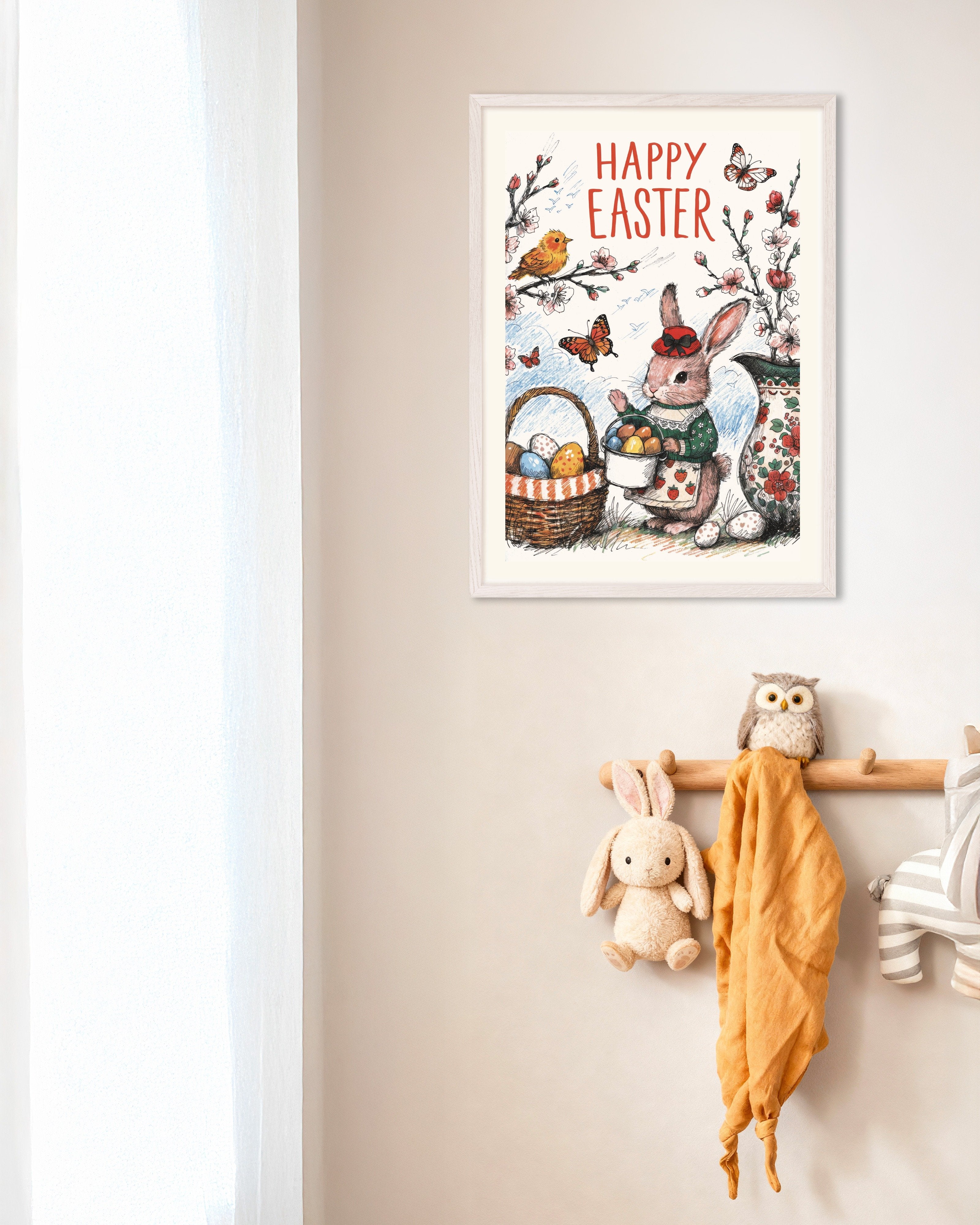 Poster of Happy Easter Bunny in Blossom Garden Poster, with white wooden frame