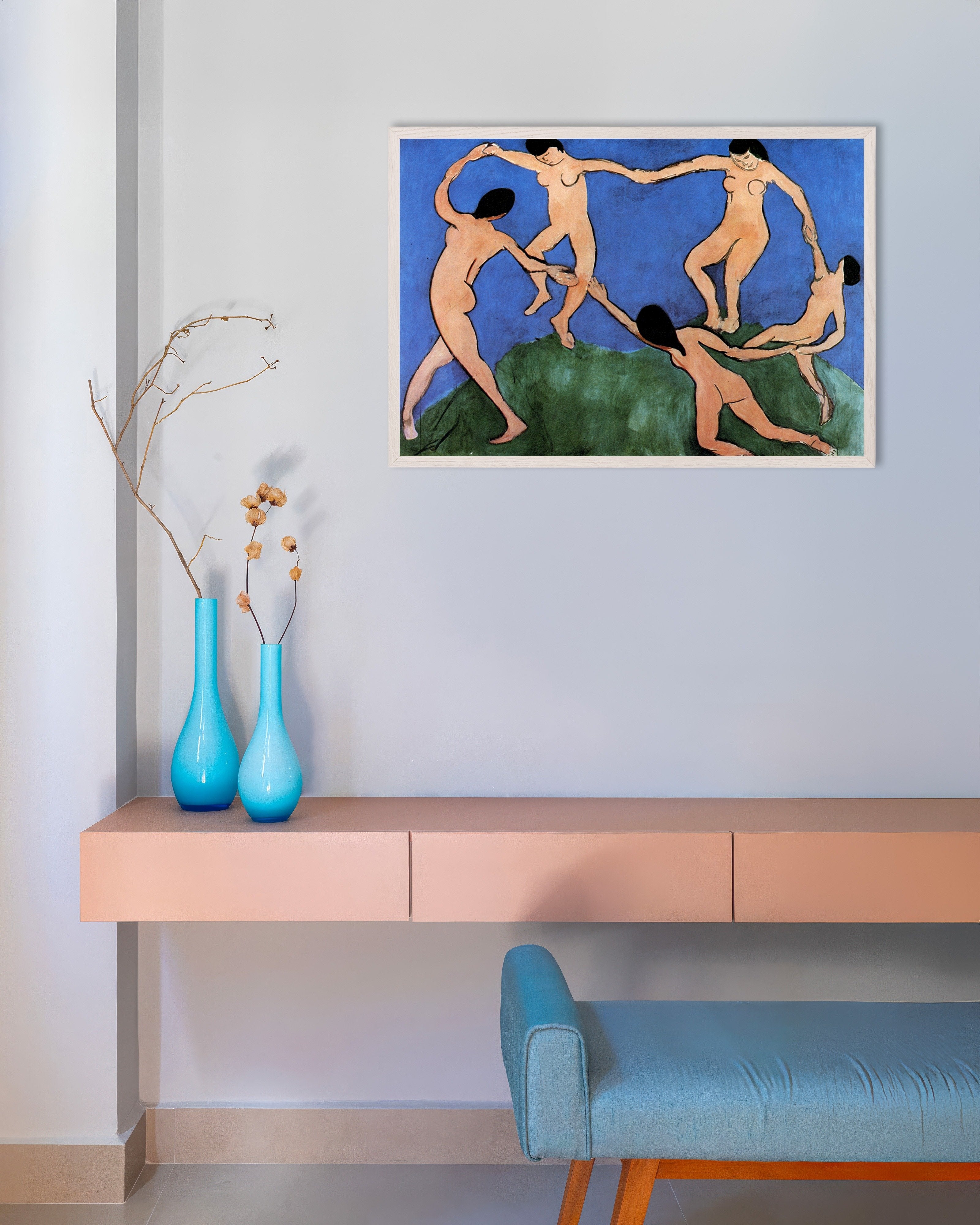 Poster of Henri Matisse The dance poster (1909), with white wooden frame