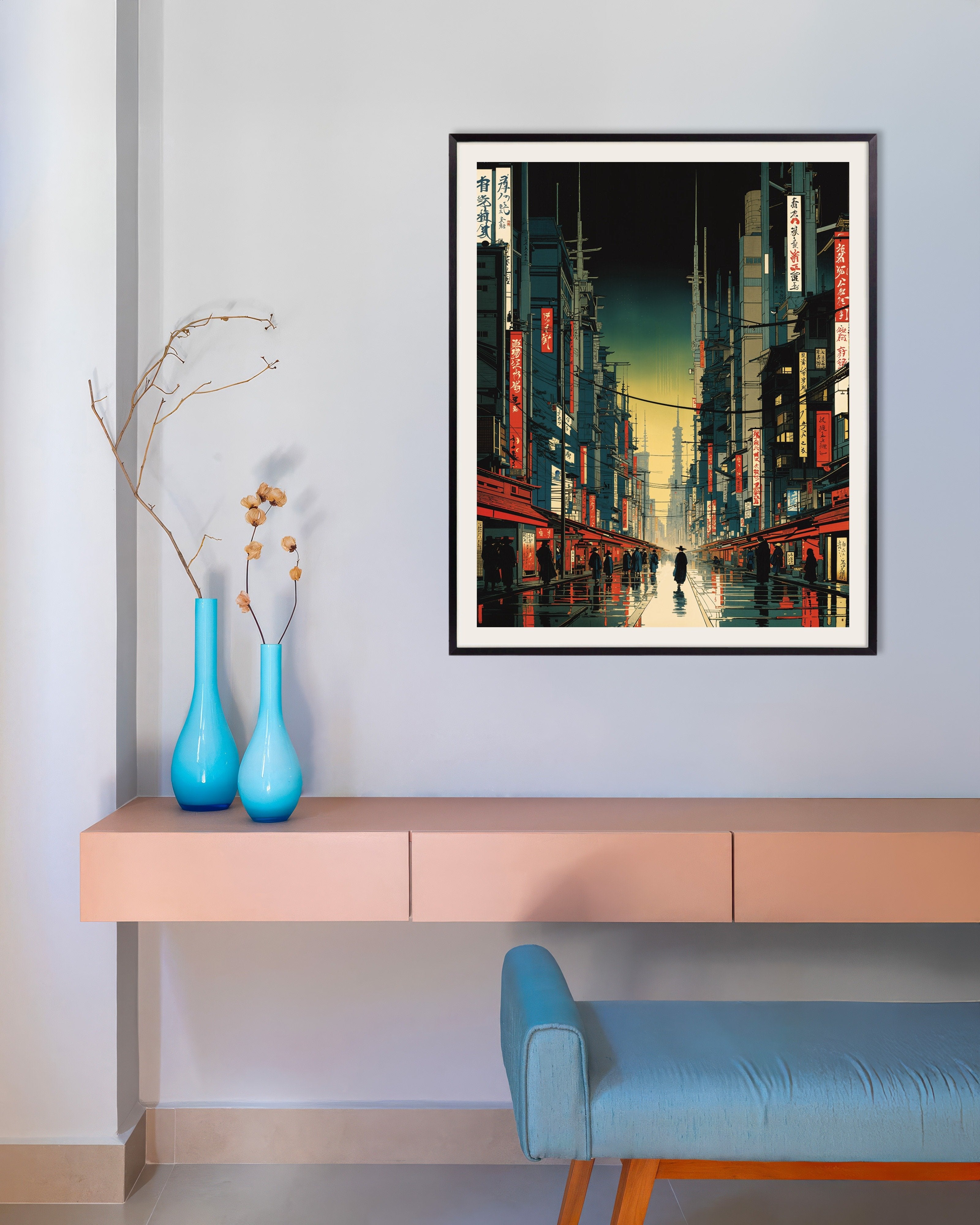 Poster of Hiroshige hypertech, street of a futuristic city - Poster, with metal frame