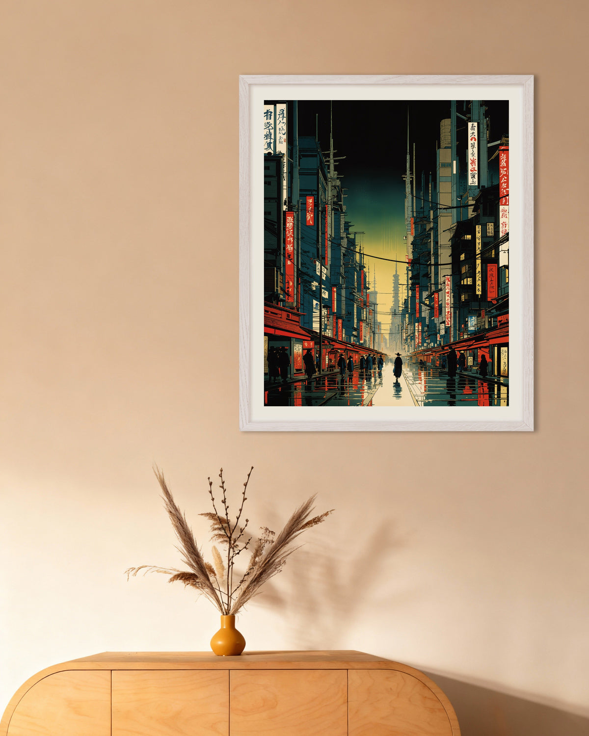 Poster of Hiroshige hypertech, street of a futuristic city - Poster, with white wooden frame