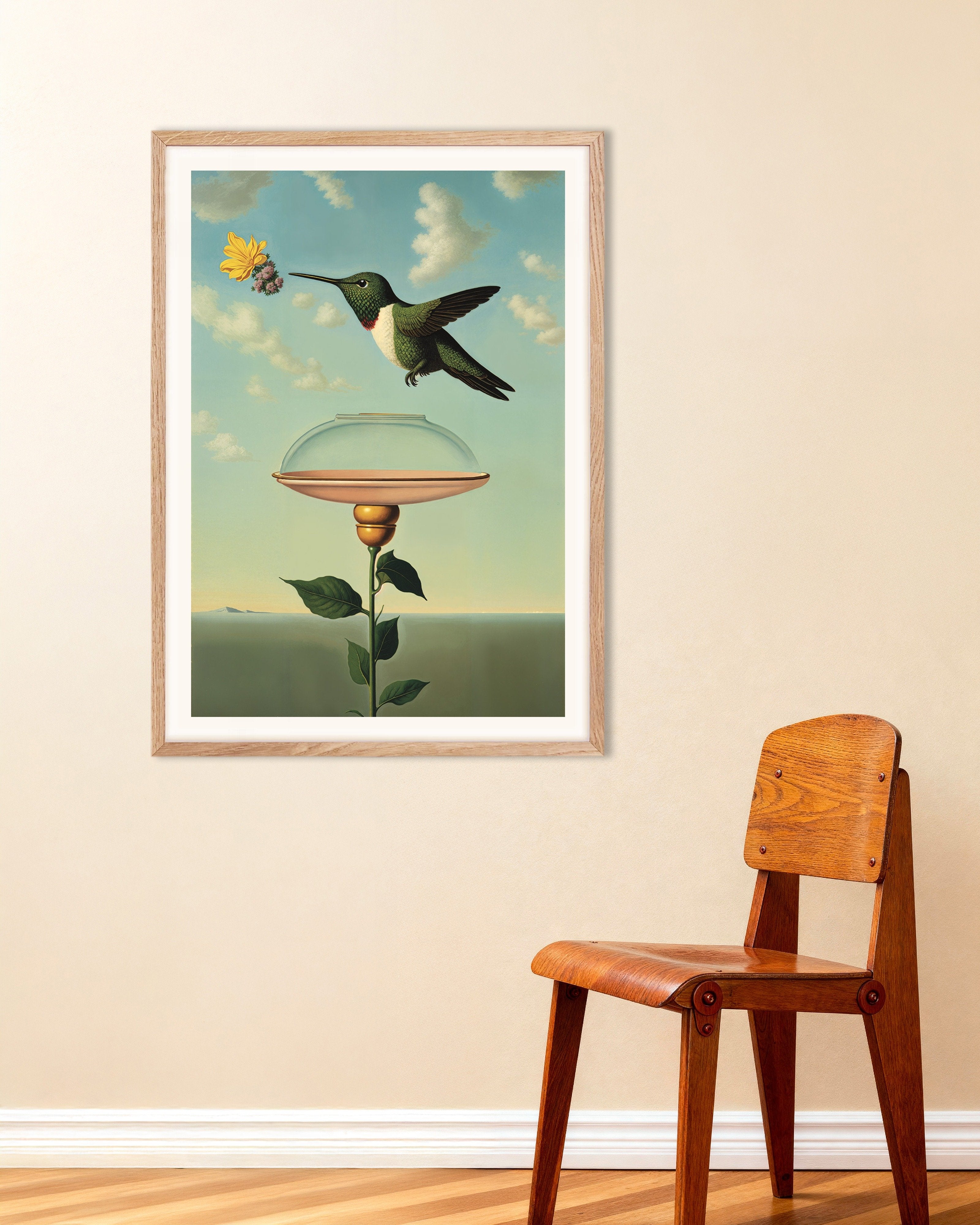 Poster of Hummingbird and Glass Cloche, A Magritte Homage, with natural wooden frame