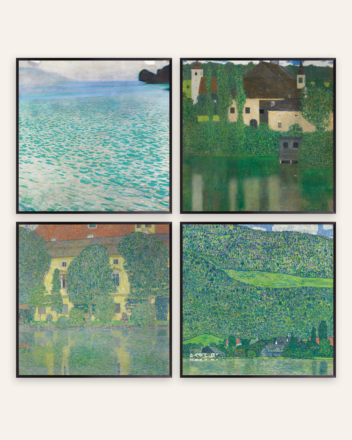 Klimt Poster 4er-Set: Attersee, Wasserschloss, Schloss Kammer und Litzlberg, in schwarzen Metallrahmen