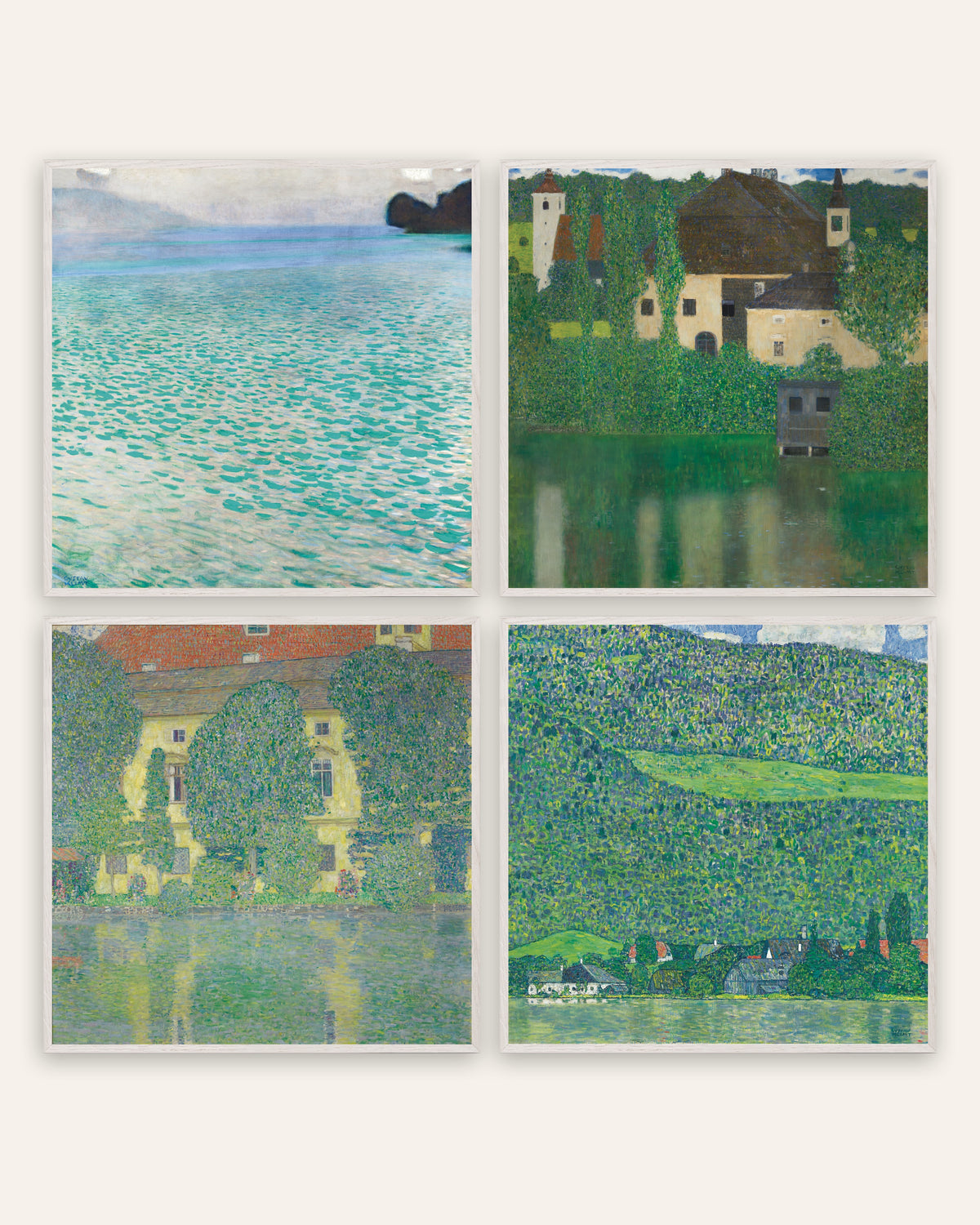 Klimt Poster 4er-Set: Attersee, Wasserschloss, Schloss Kammer und Litzlberg, in weißen Eichenrahmen