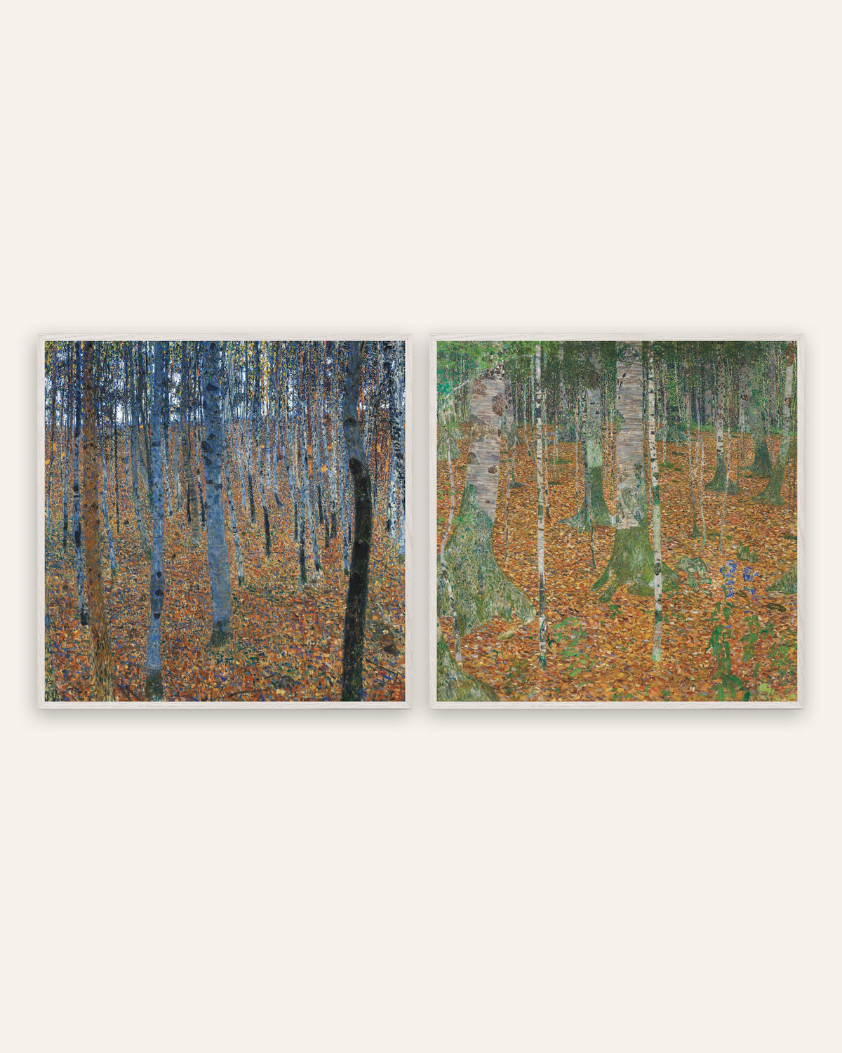 Poster Klimt, set da 2: Faggeta I e Bosco di betulle, con cornici in rovere bianco