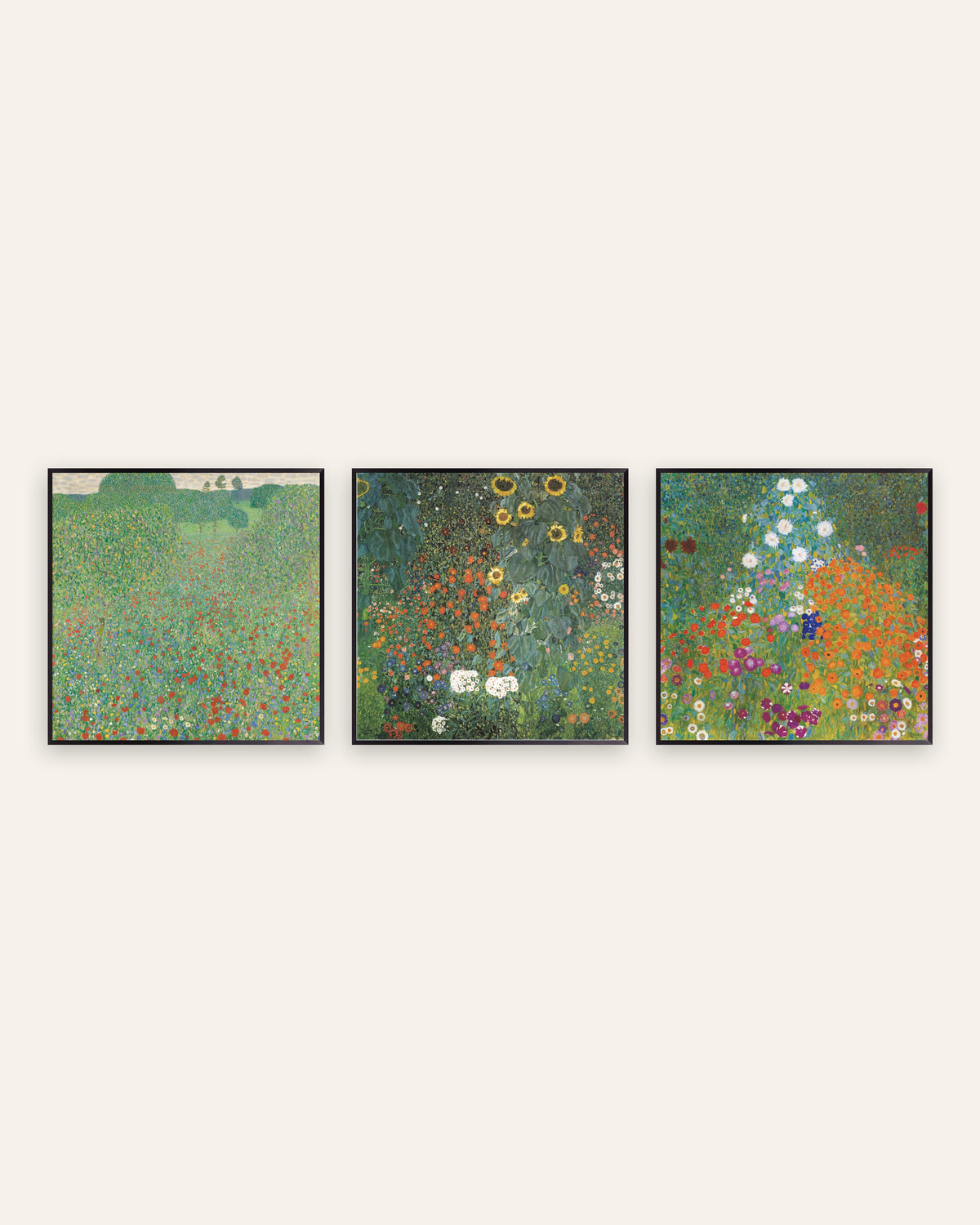 Klimt Poster 3er-Set: Mohnwiese, Bauerngarten mit Sonnenblumen und Bauerngarten, in schwarzen Metallrahmen