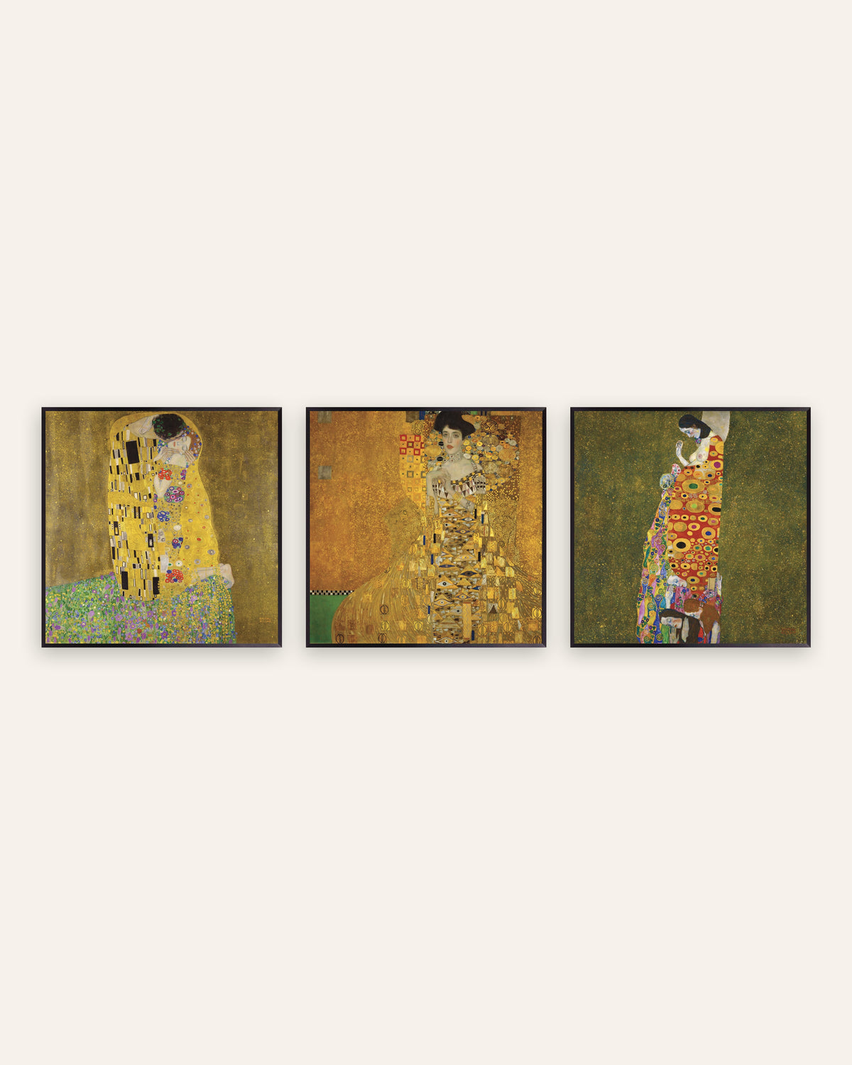 Poster Klimt, set da 3: Il bacio, Adele Bloch-Bauer I e La speranza II, con cornici in metallo nero