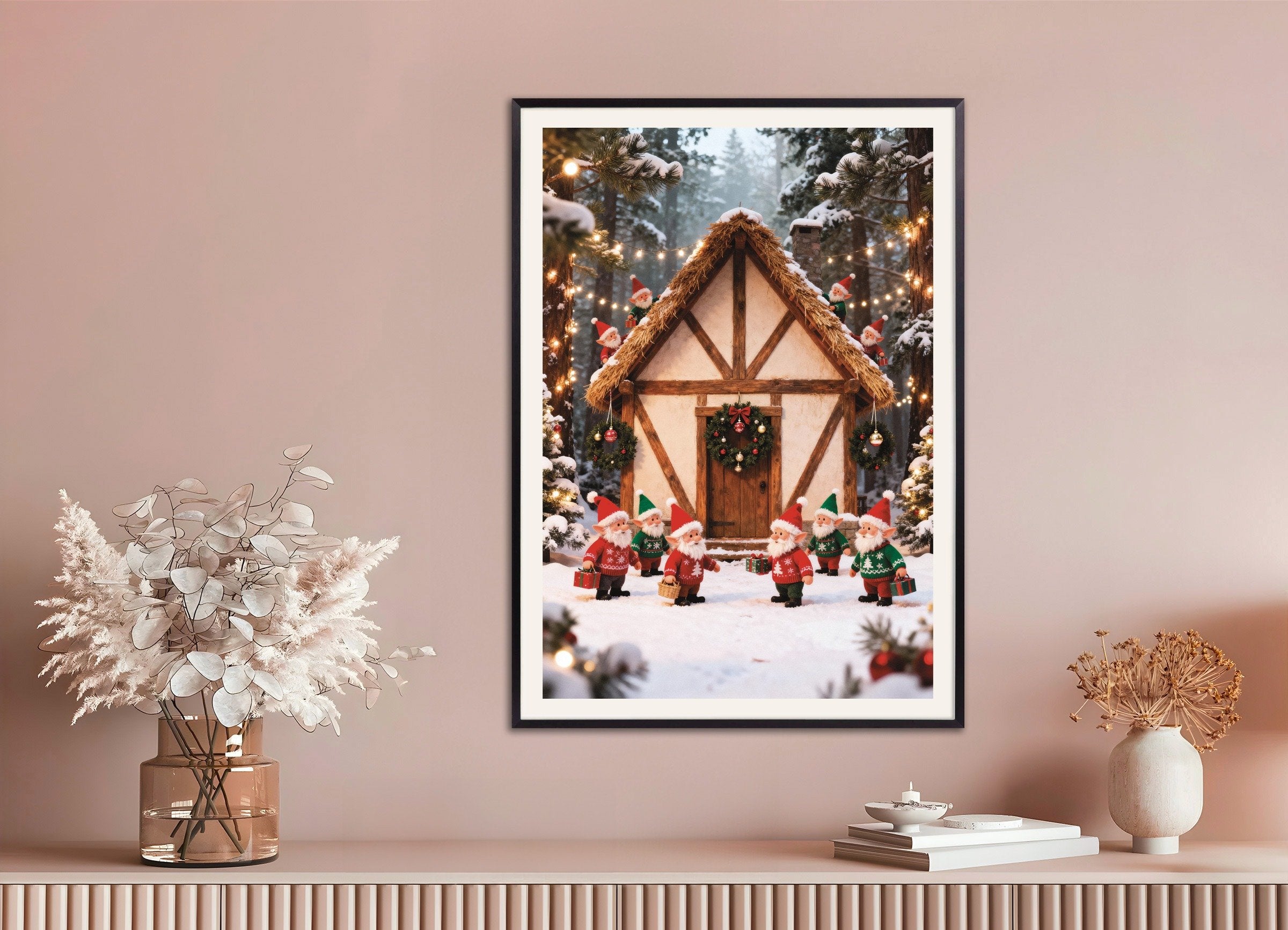 Poster of Little elves in the snowy forest poster, with metal frame