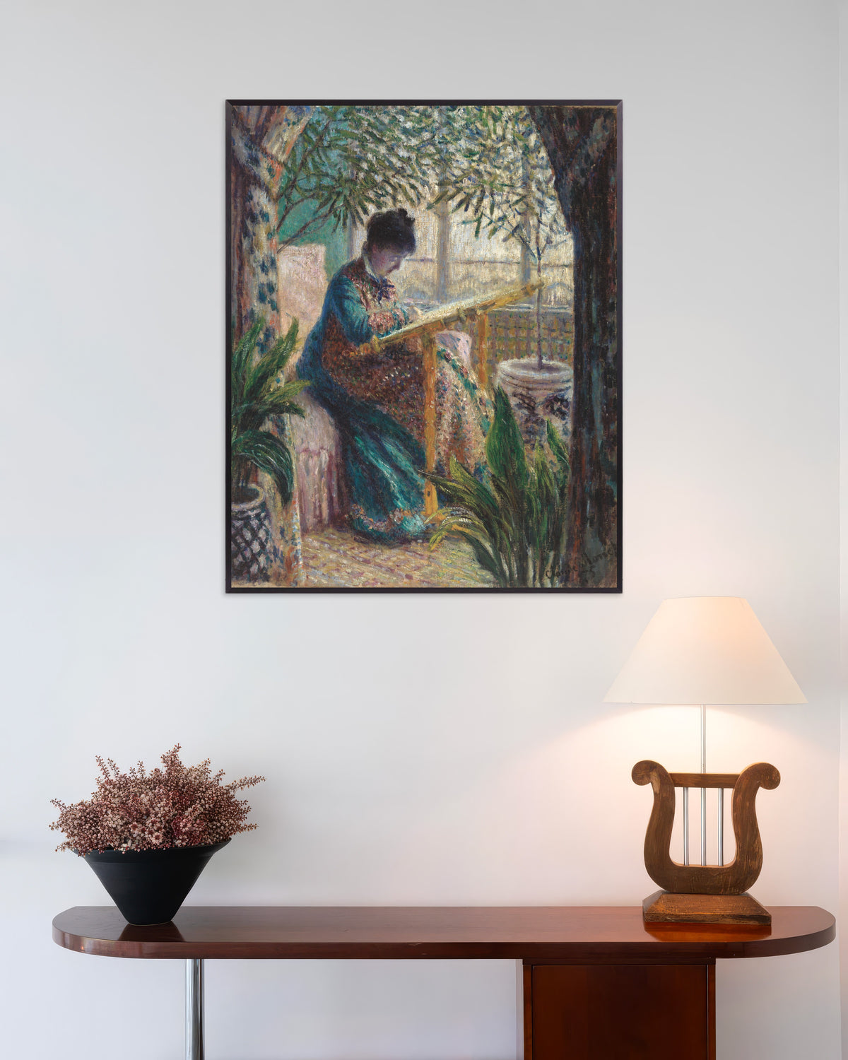 Affiche Camille au métier (1875) de Claude Monet, avec un cadre en métal