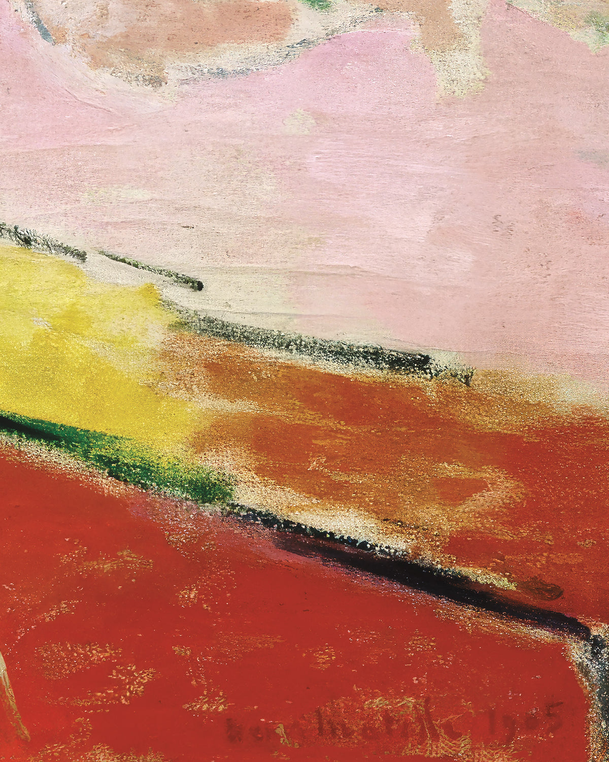 Abstract pastel painting by Henri Matisse with textured brushstrokes in pink, yellow, orange-red, green, and black, with a visible artist signature at the bottom. Signed "Henri Matisse".