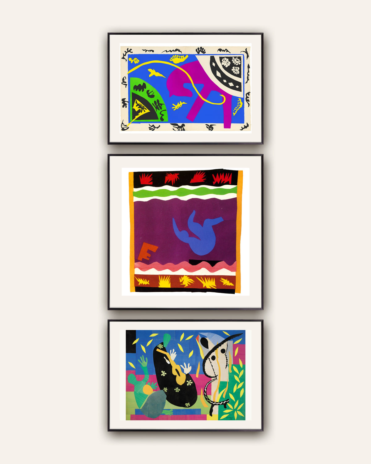 Poster Matisse, set da 3: Cavallo, cavaliere e clown, La slitta, La tristezza del re, con cornici in metallo nero