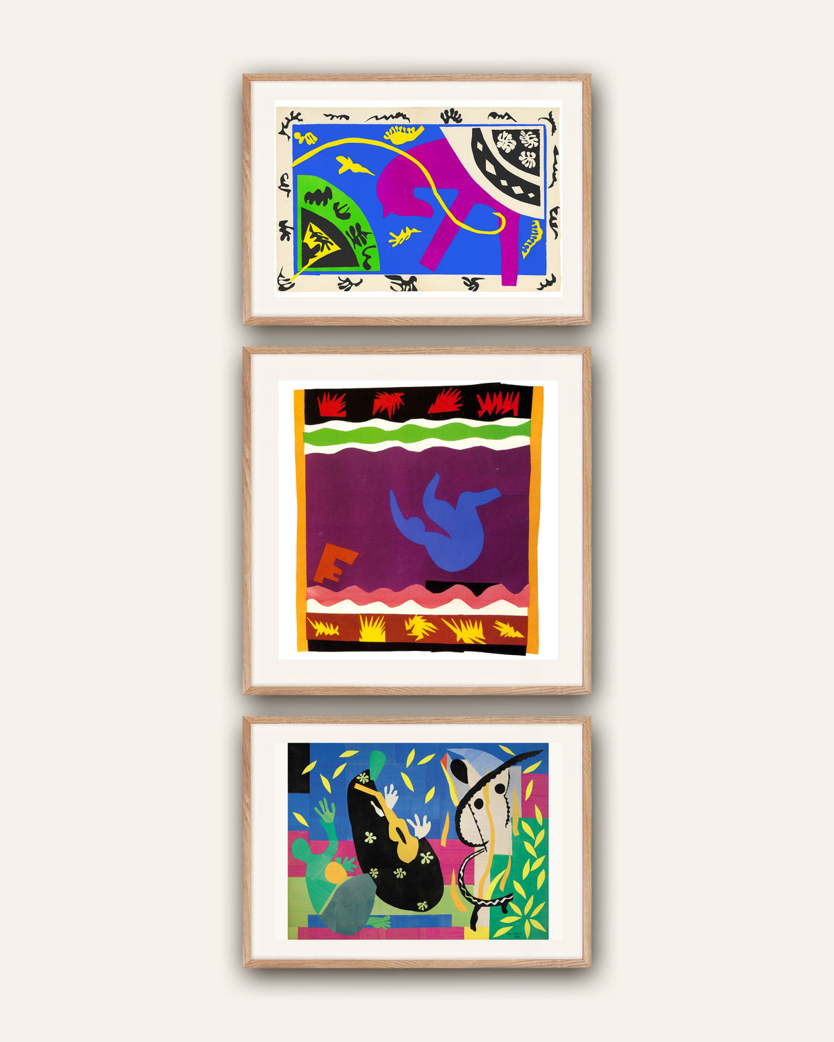 Poster Matisse, set da 3: Cavallo, cavaliere e clown, La slitta, La tristezza del re, con cornici in rovere naturale