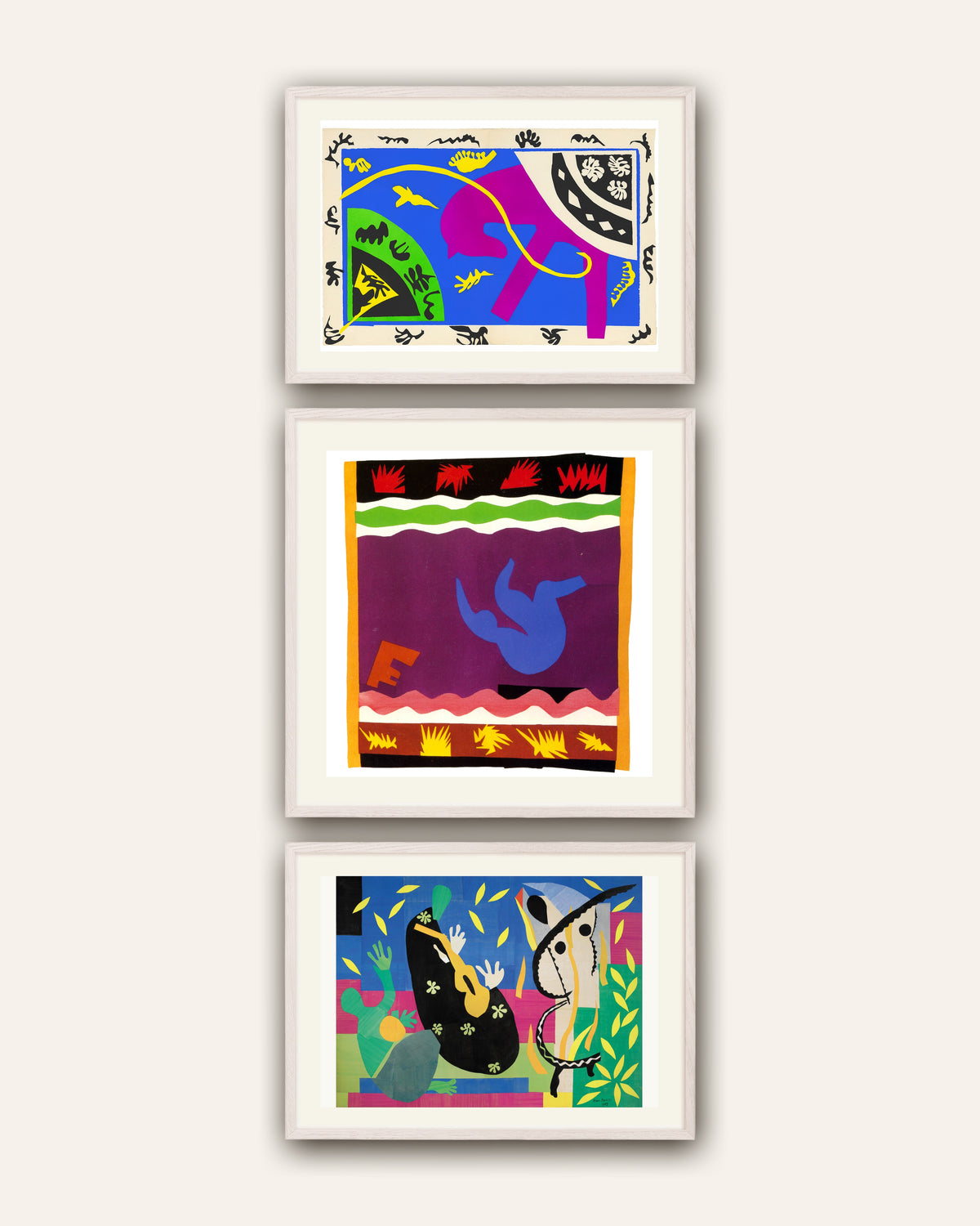 Poster Matisse, set da 3: Cavallo, cavaliere e clown, La slitta, La tristezza del re, con cornici in rovere bianco