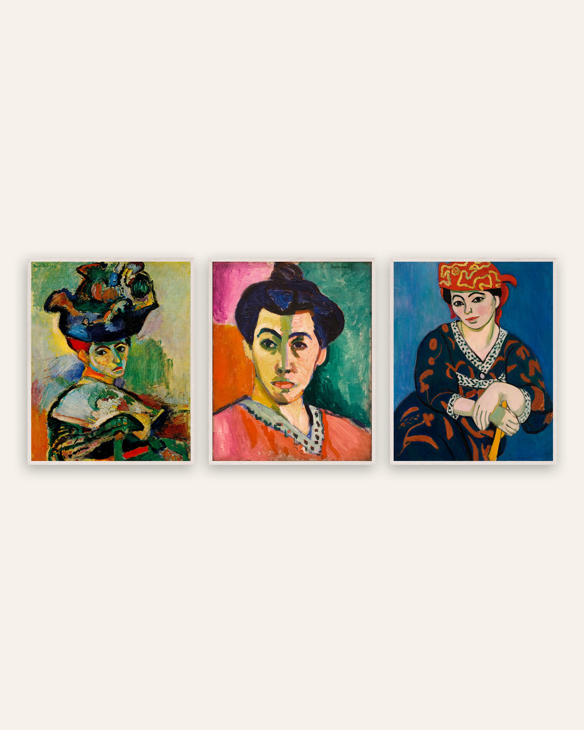 Poster Matisse, set da 3 ritratti fauve: Donna con cappello, Madame Matisse e Copricapo rosso madras, con cornici in rovere bianco