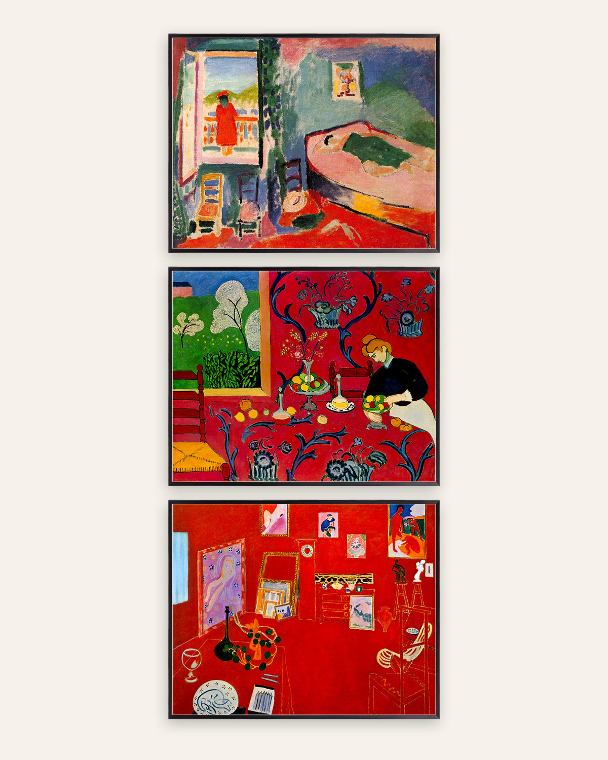 Poster Matisse, set da 3: Interno a Collioure, Armonia in rosso e Lo studio rosso, con cornici in metallo nero