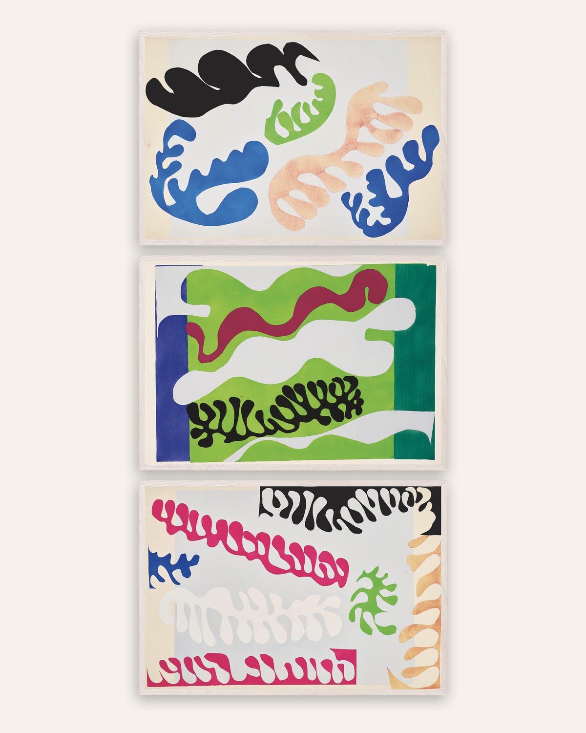 Poster Matisse Jazz, set da 3: La laguna in blu, verde e rosa, con cornici in rovere bianco