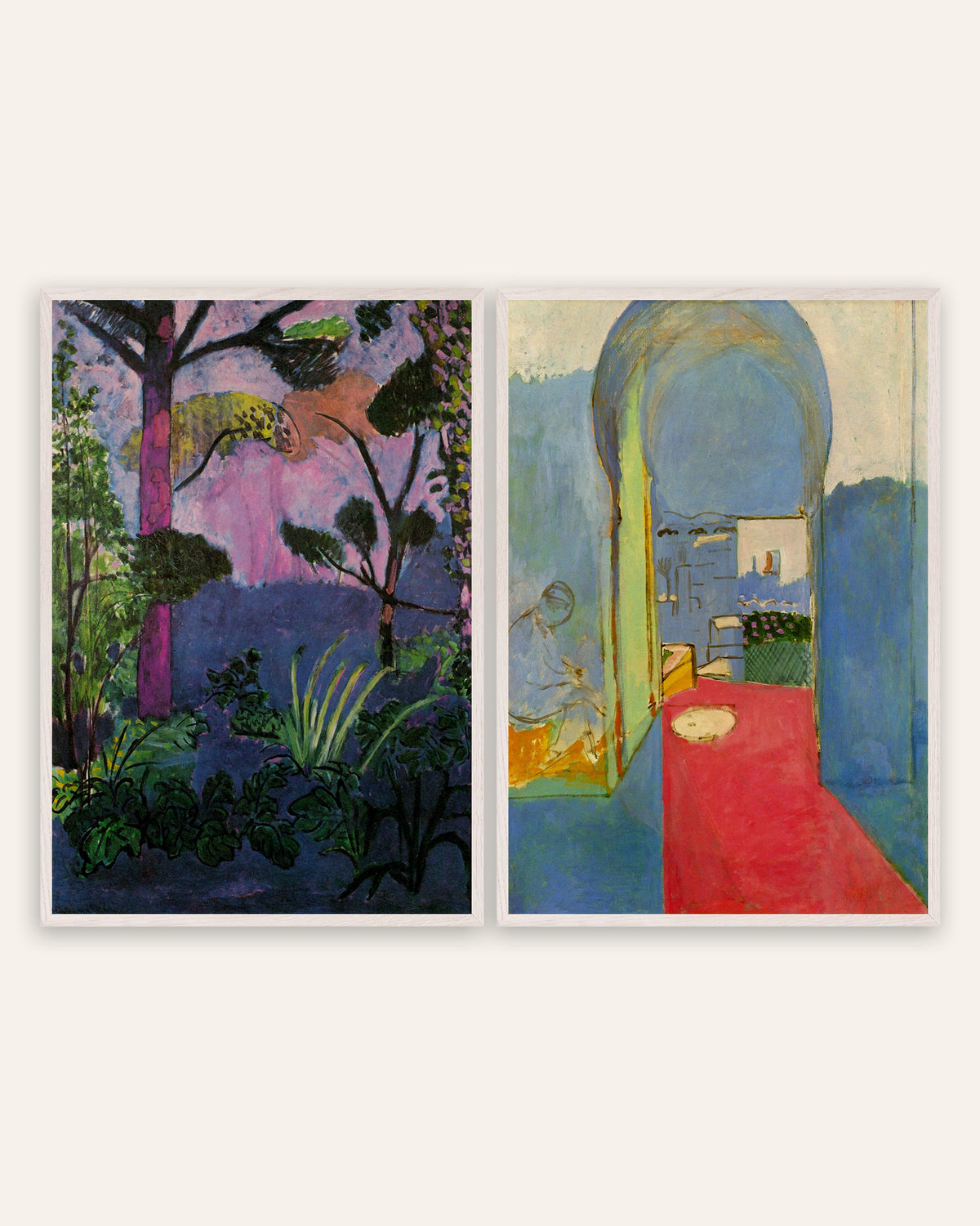 Affiches Matisse, lot de 2 : Paysage marocain (Acanthes) et La Porte de la Casbah, cadres en chêne blanc