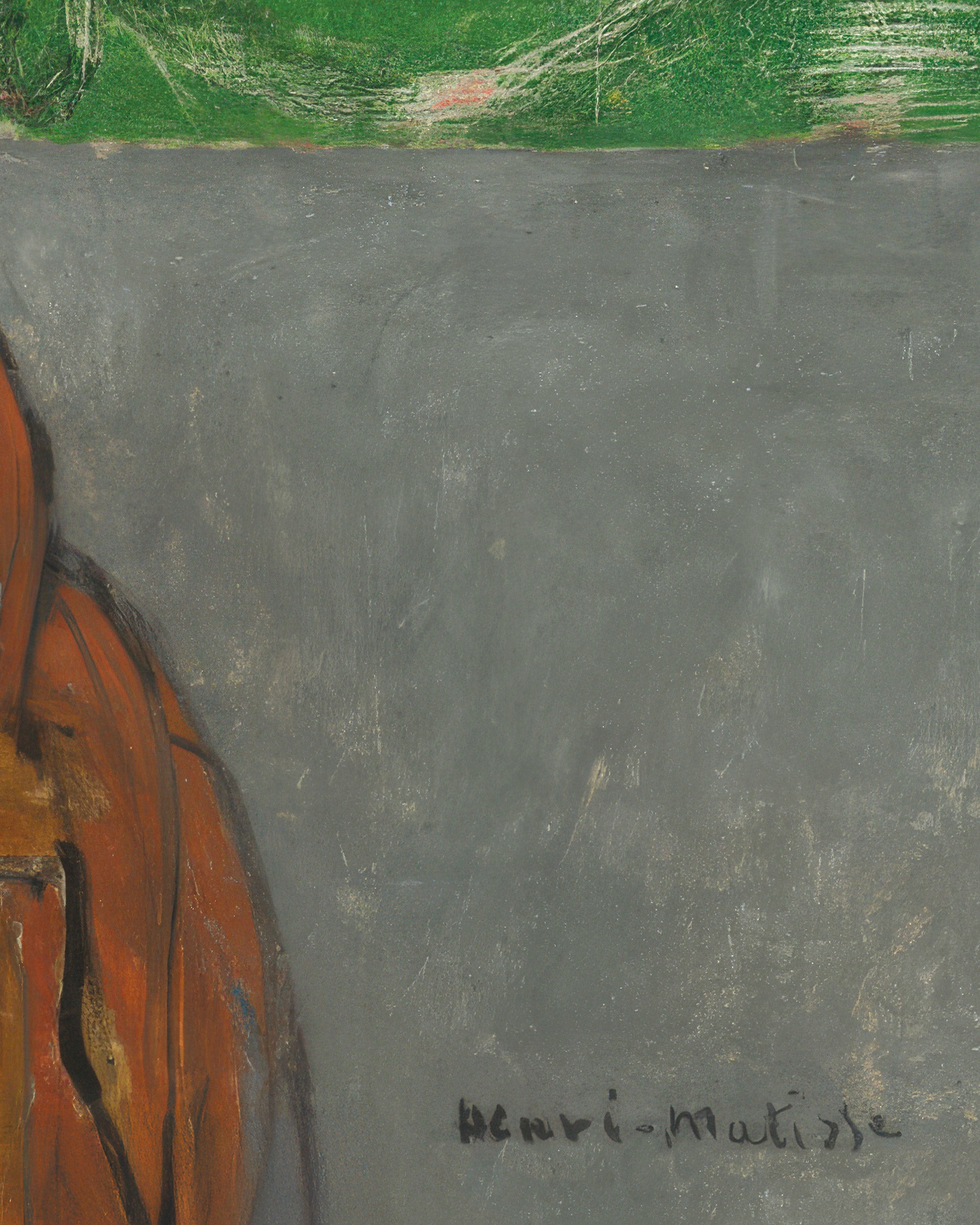 A close-up of a Henri-Matisse painting showing a textured gray background, a green brushstroke at the top, and part of an orange figure on the left, with the artist's signature in black at the bottom right.