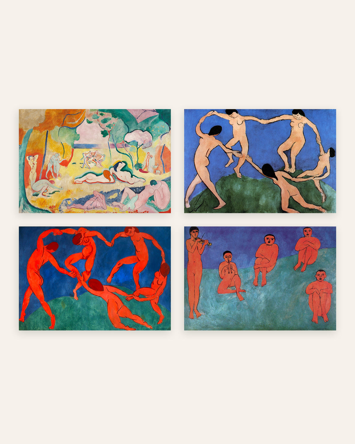 Matisse Poster 4er-Set: Die Lebensfreude, Der Tanz I und II und Musik, ohne Rahmen