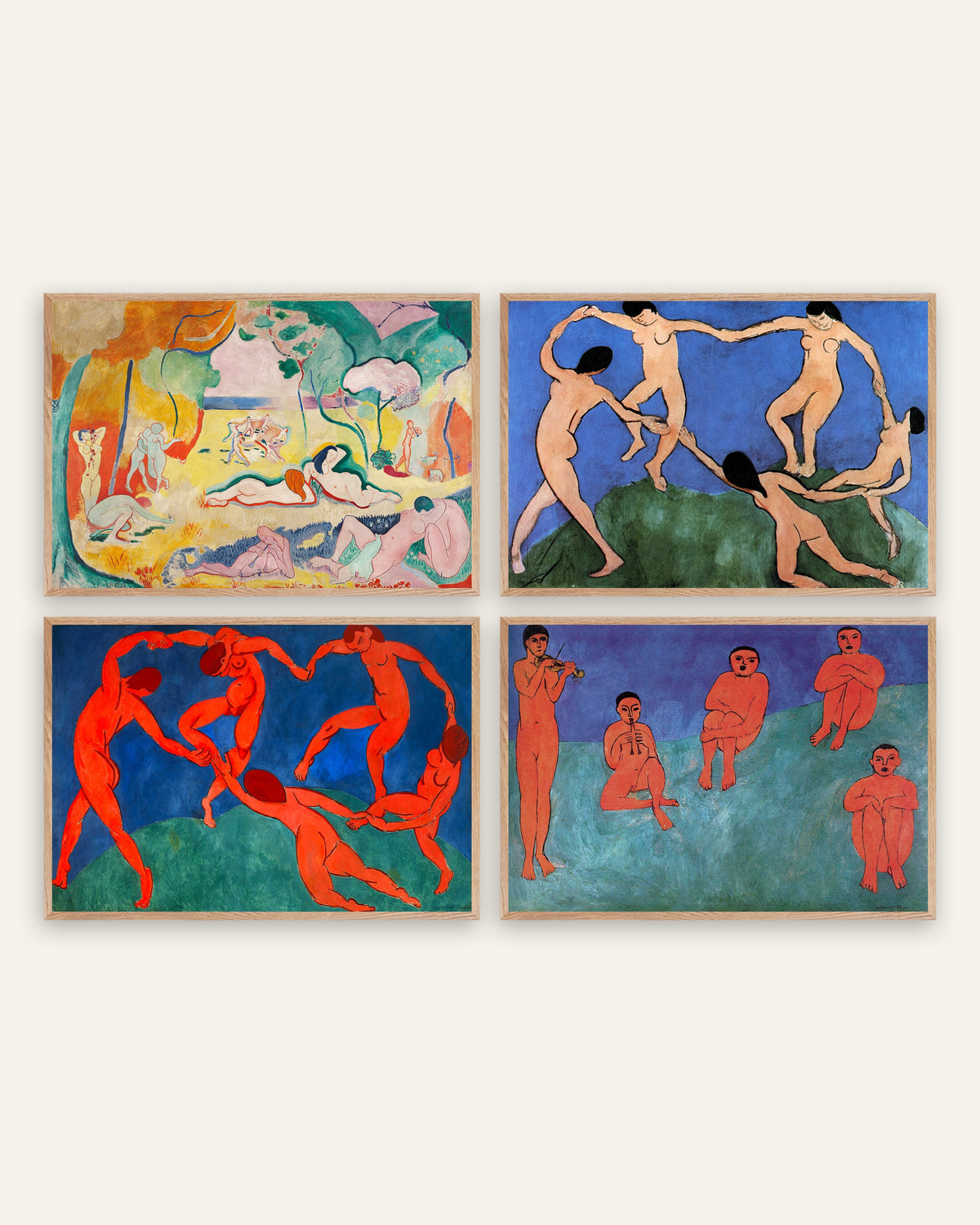 Matisse Poster 4er-Set: Die Lebensfreude, Der Tanz I und II und Musik, in Rahmen aus Natureiche