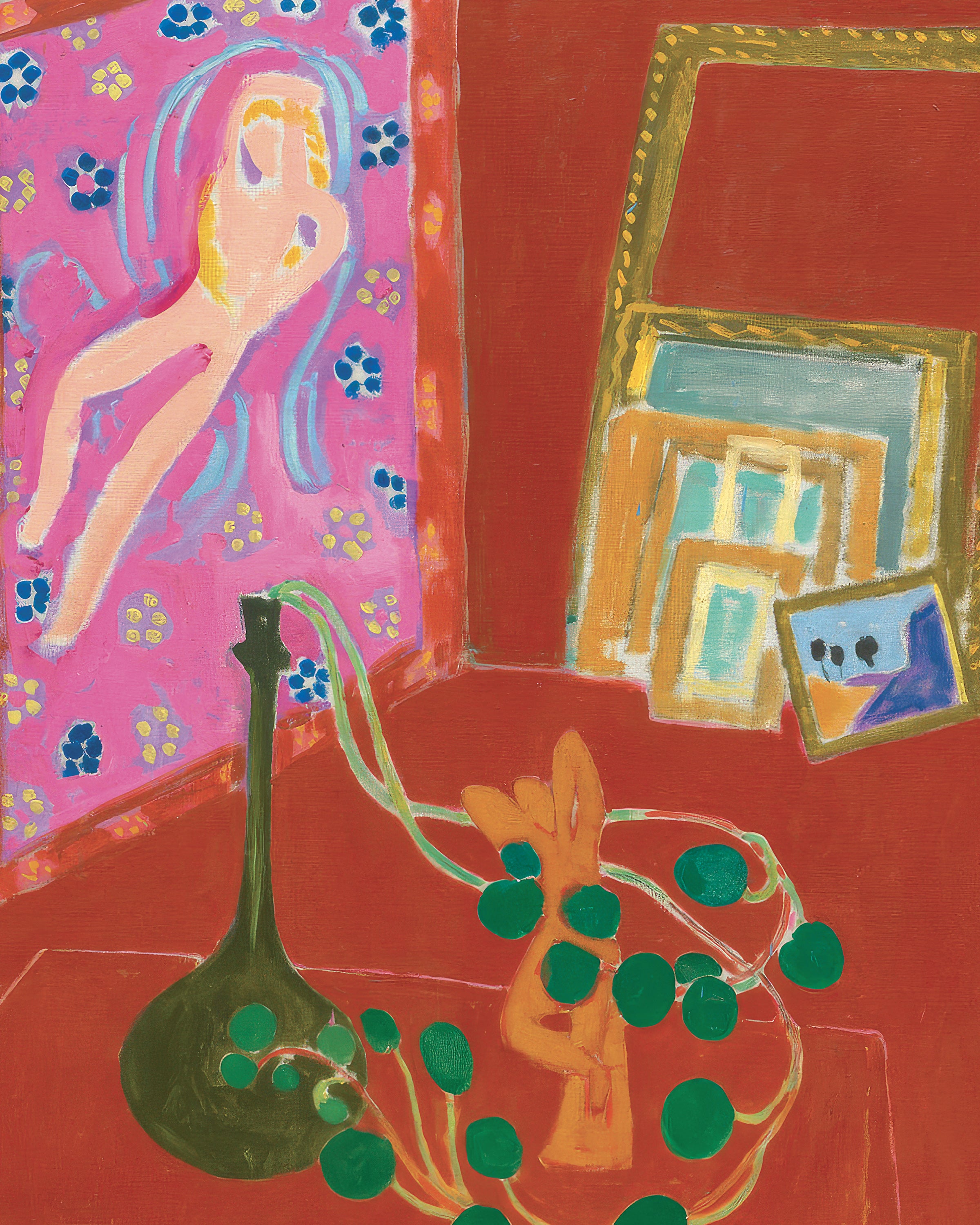 Colorful abstract painting by Matisse with a woman, vase, and framed pictures on a red background