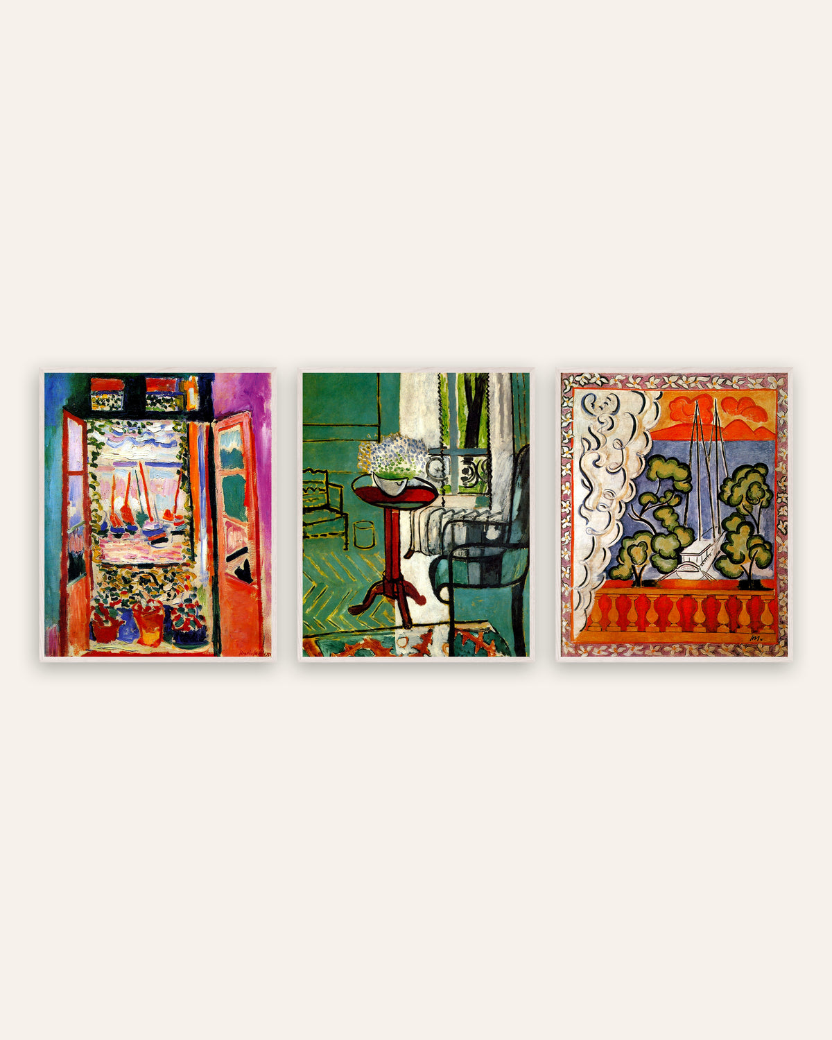 Matisse Poster 3er-Set: Fenster in Collioure, mit Vergissmeinnicht und auf Tahiti, in weißen Eichenrahmen