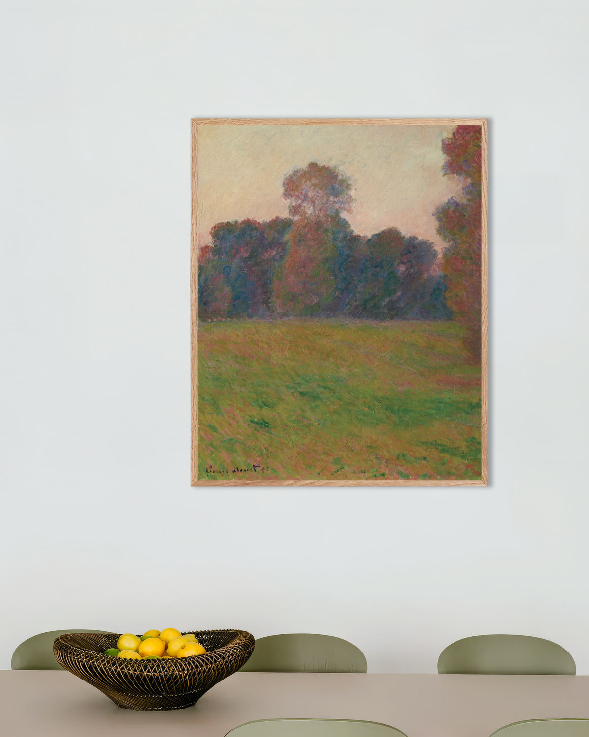 Affiche Prairie à Giverny (1886) de Claude Monet, avec un cadre en bois naturel
