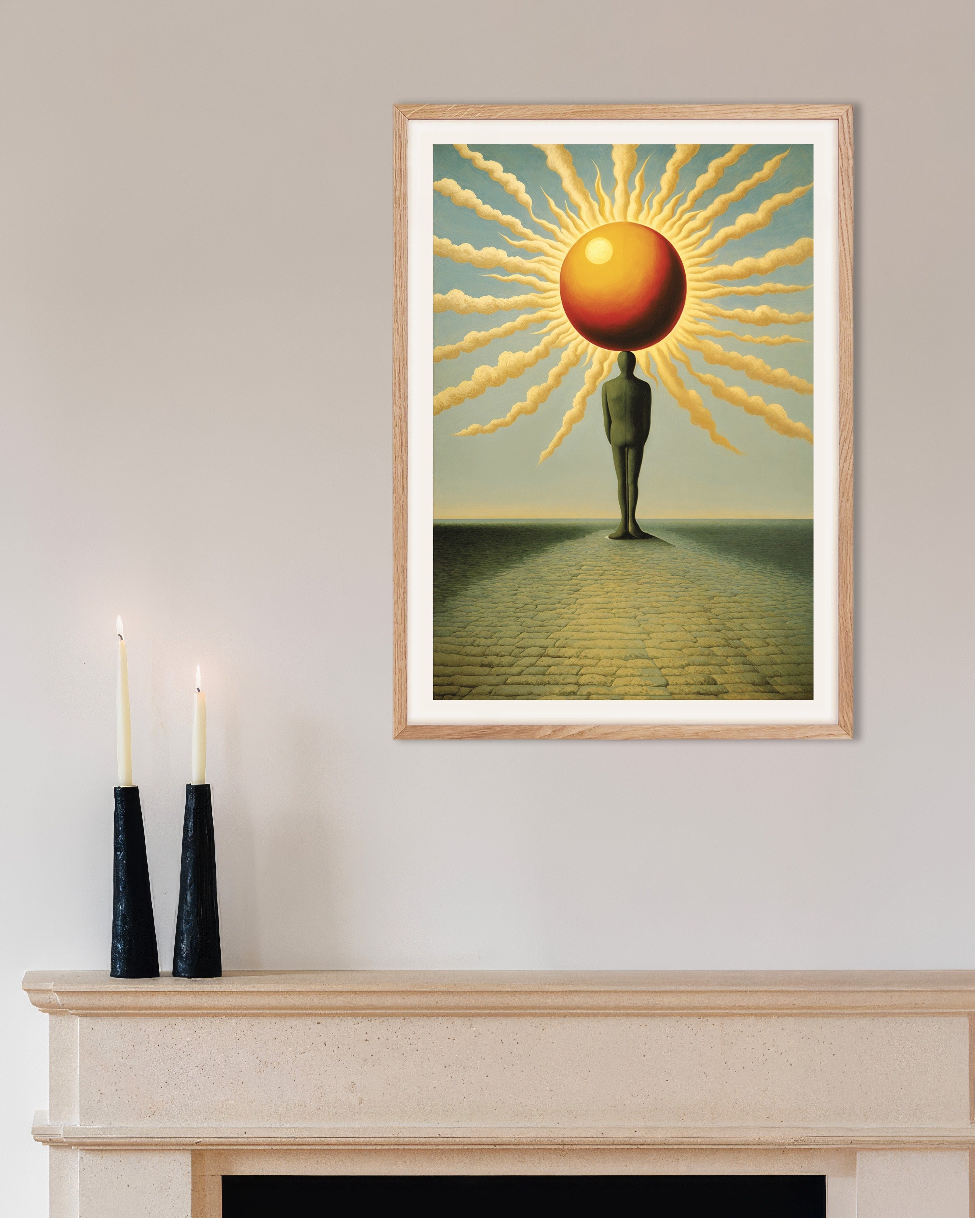 Poster of Men of Light - Surreal Sun & Silhouette, with natural wooden frame
