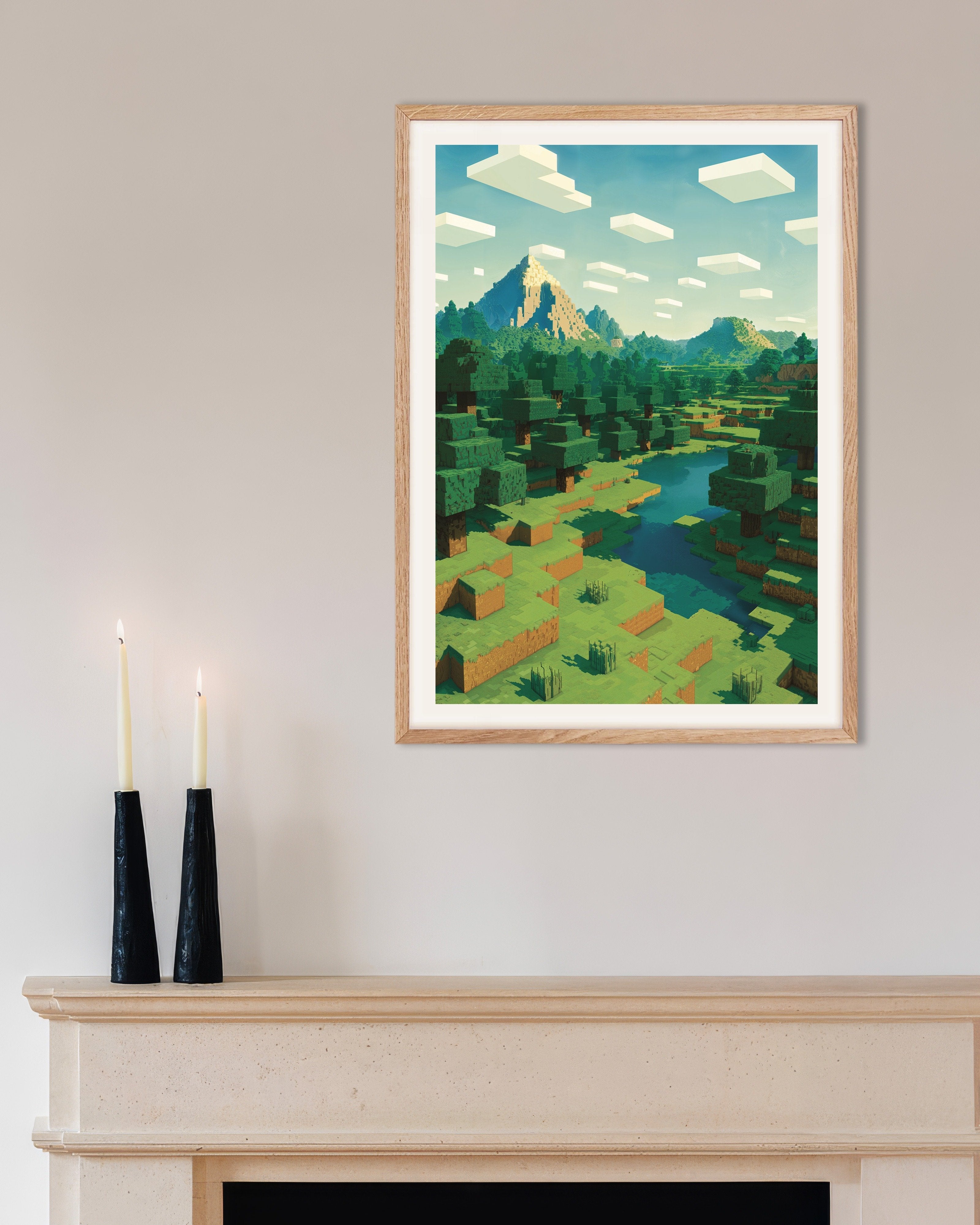 Poster of Minecraft Mountain Landscape – pixel art fan poster, with natural wooden frame