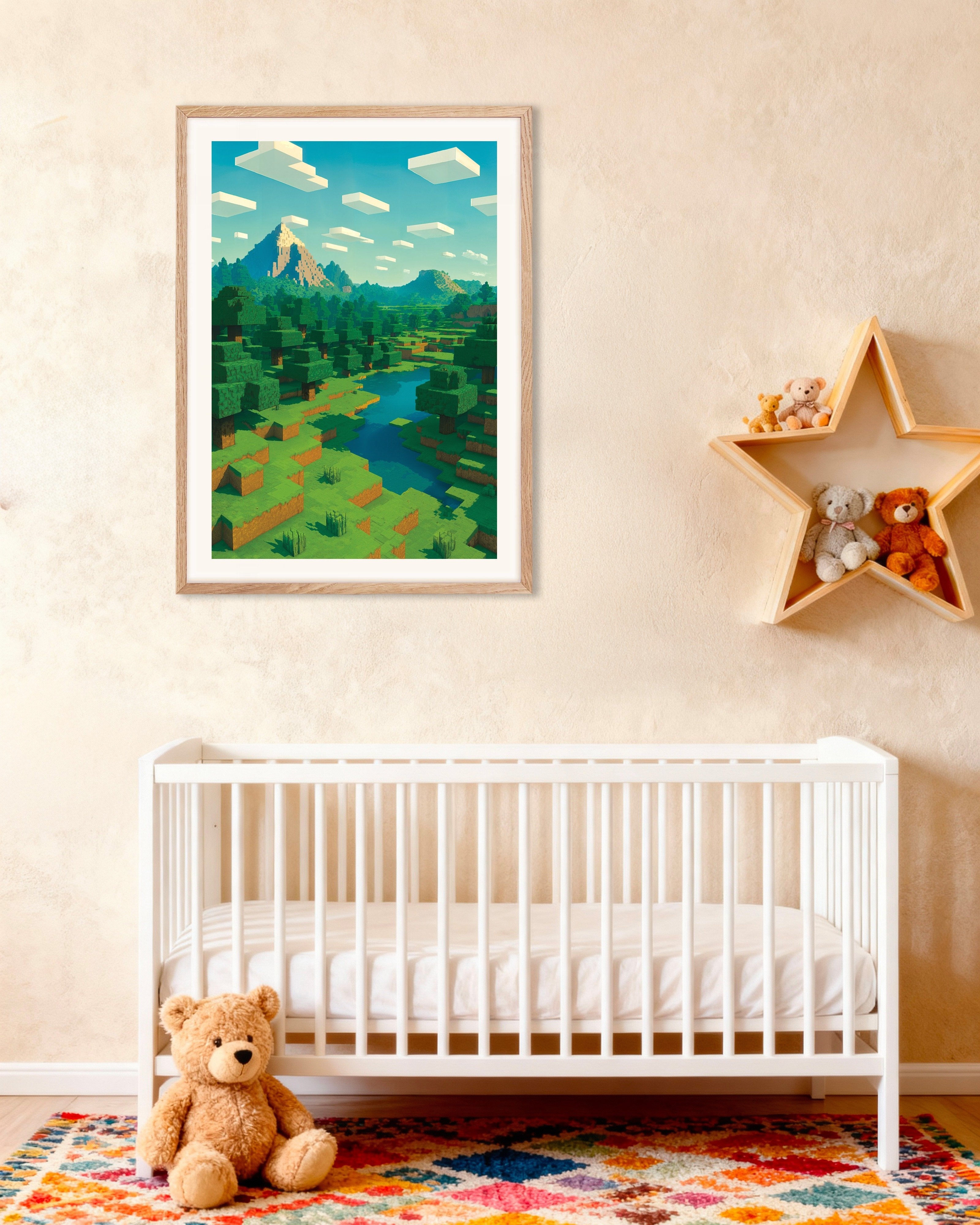 Poster of Minecraft Mountain Landscape – pixel art fan poster, with natural wooden frame
