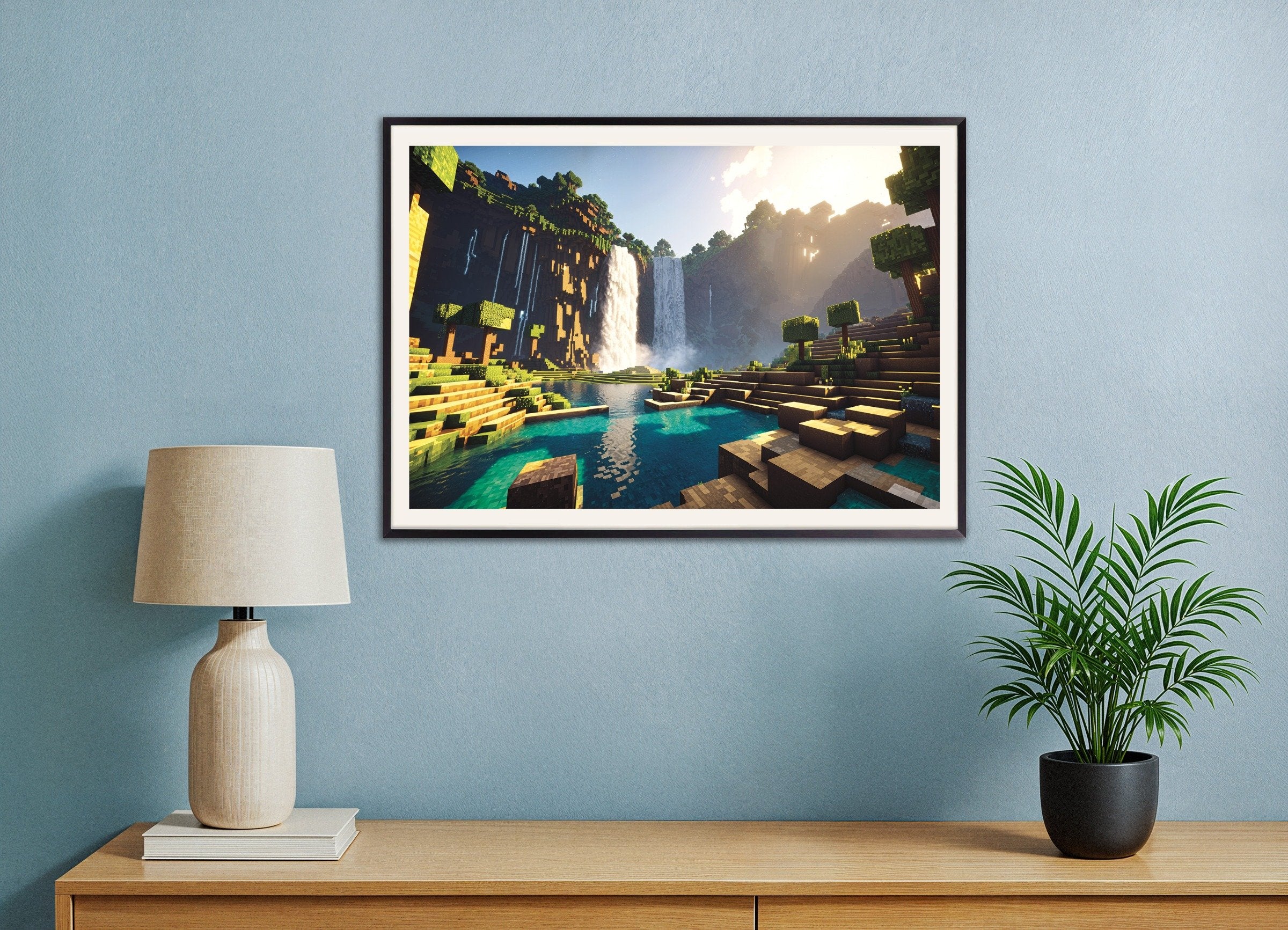 Poster of Minecraft waterfall landscape print, with metal frame