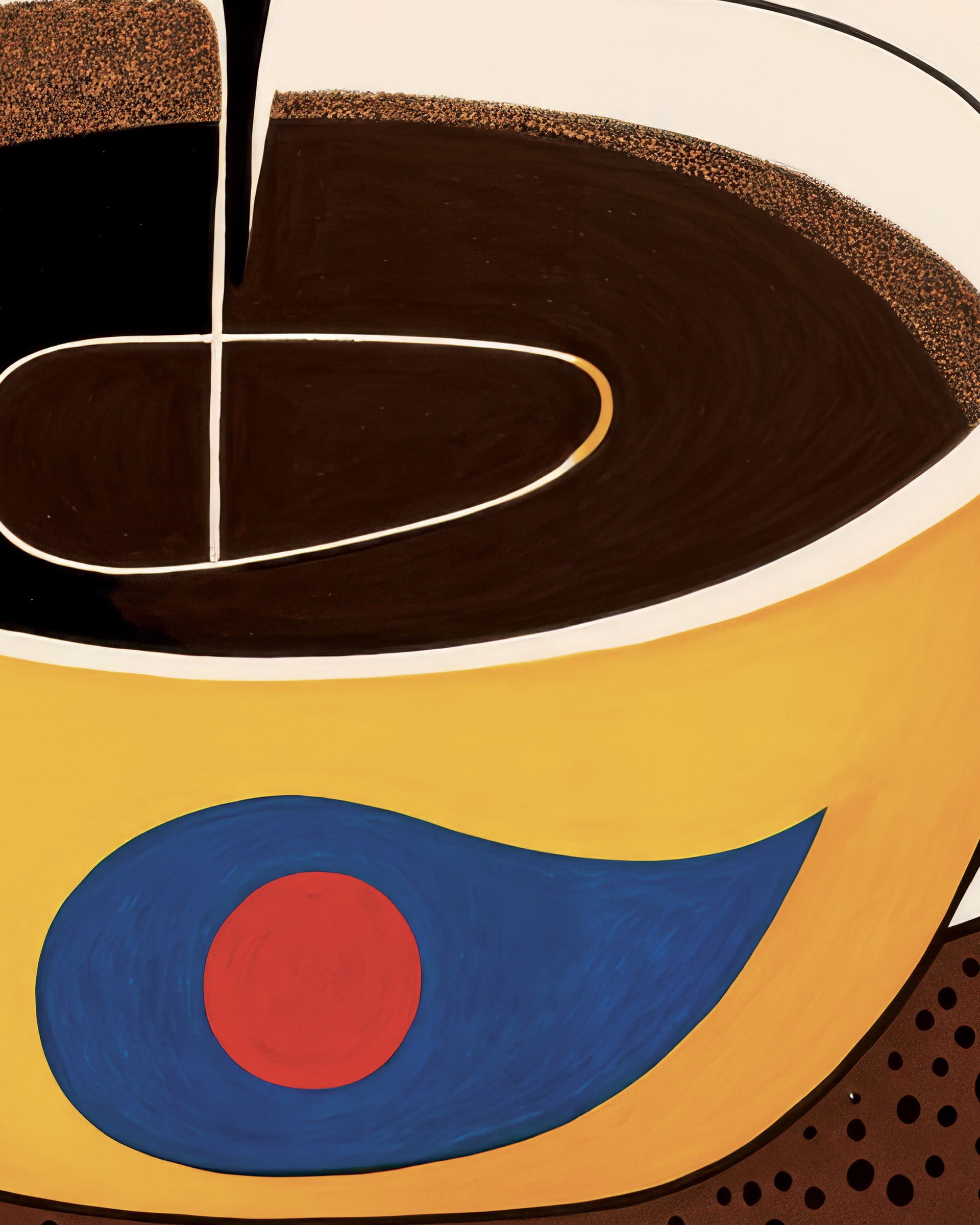 Abstract painting of a yellow cup with a blue and red shape, dark brown coffee, and a white pouring line, in a flat geometric style.