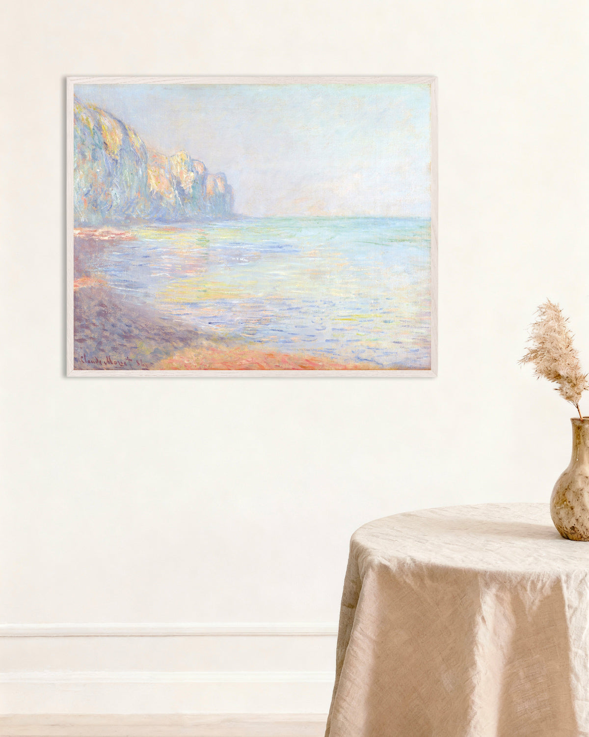 Affiche Le Matin, temps brumeux, Pourville (1882) de Claude Monet, avec un cadre en bois blanc